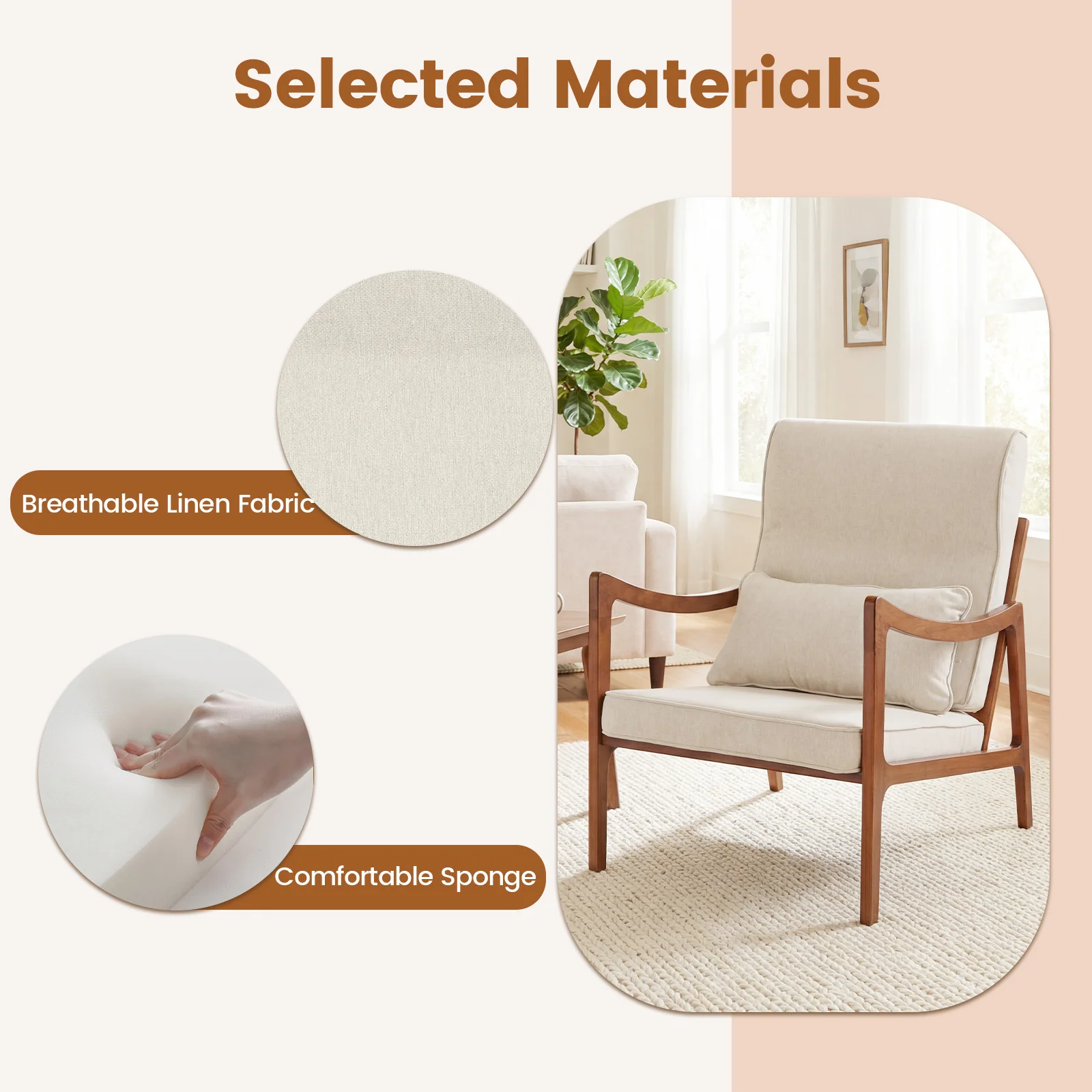 Modern Accent Chair, Solid Rubber Wood Faux Leather Armchair, White - Image 8