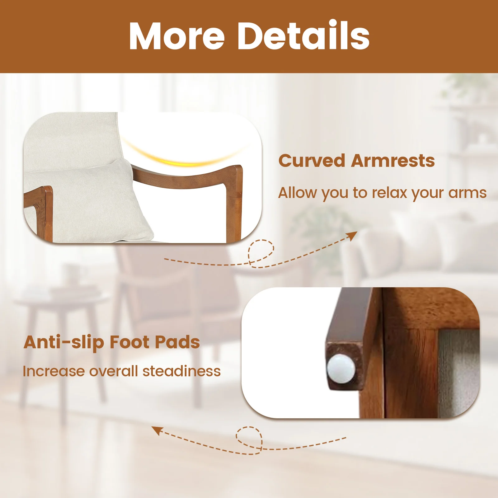 Modern Accent Chair, Solid Rubber Wood Faux Leather Armchair, White - Image 9