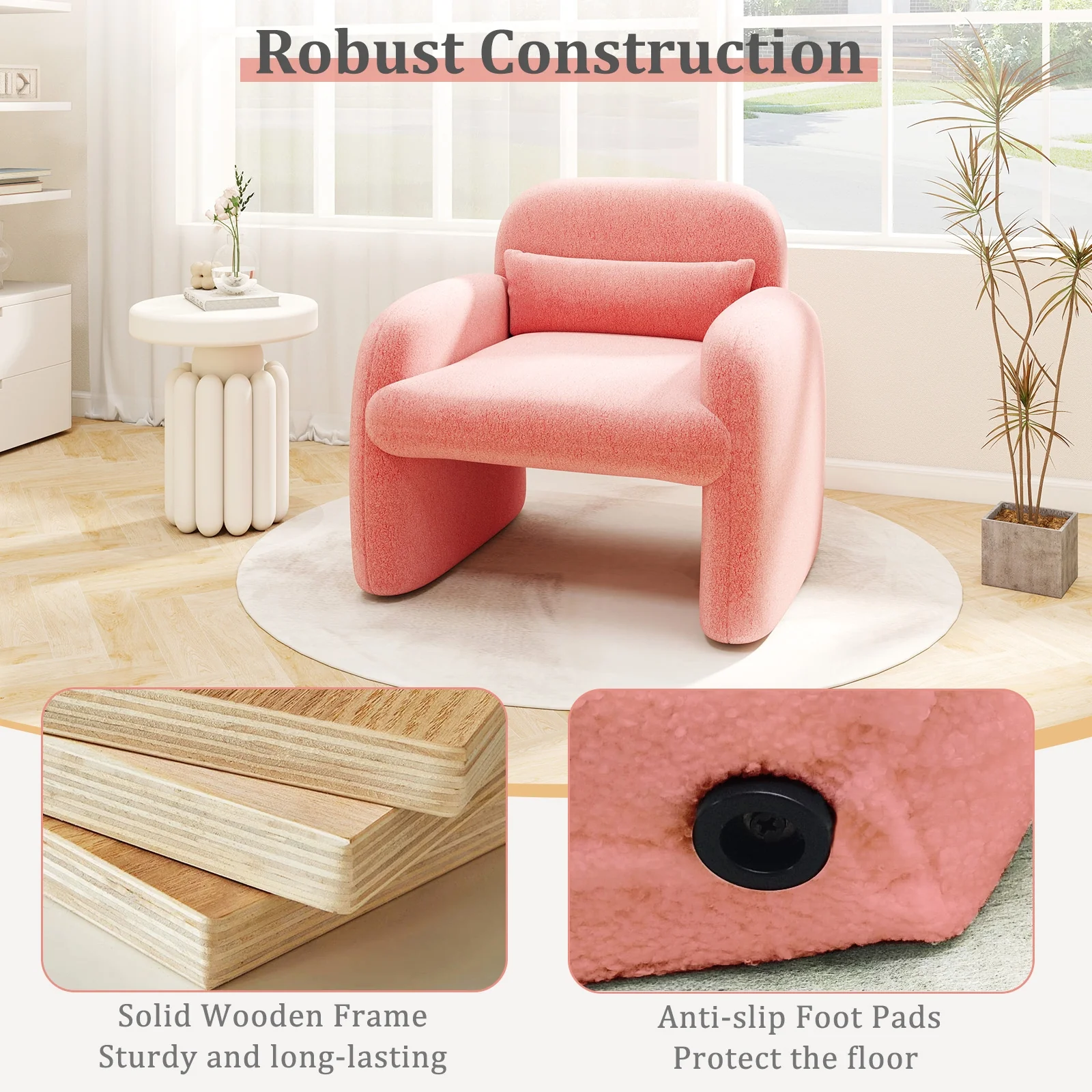 Modern Accent Chair with Waist Pillow and Armrests for Living Room Bedroom, Pink - Image 10