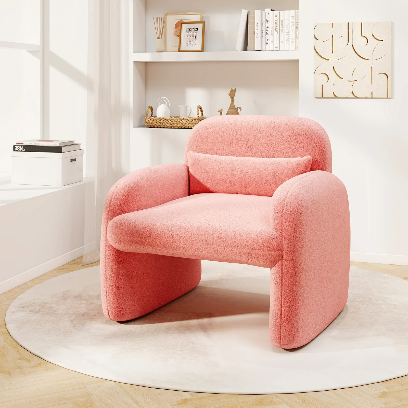 Modern Accent Chair with Waist Pillow and Armrests for Living Room Bedroom, Pink - Image 2