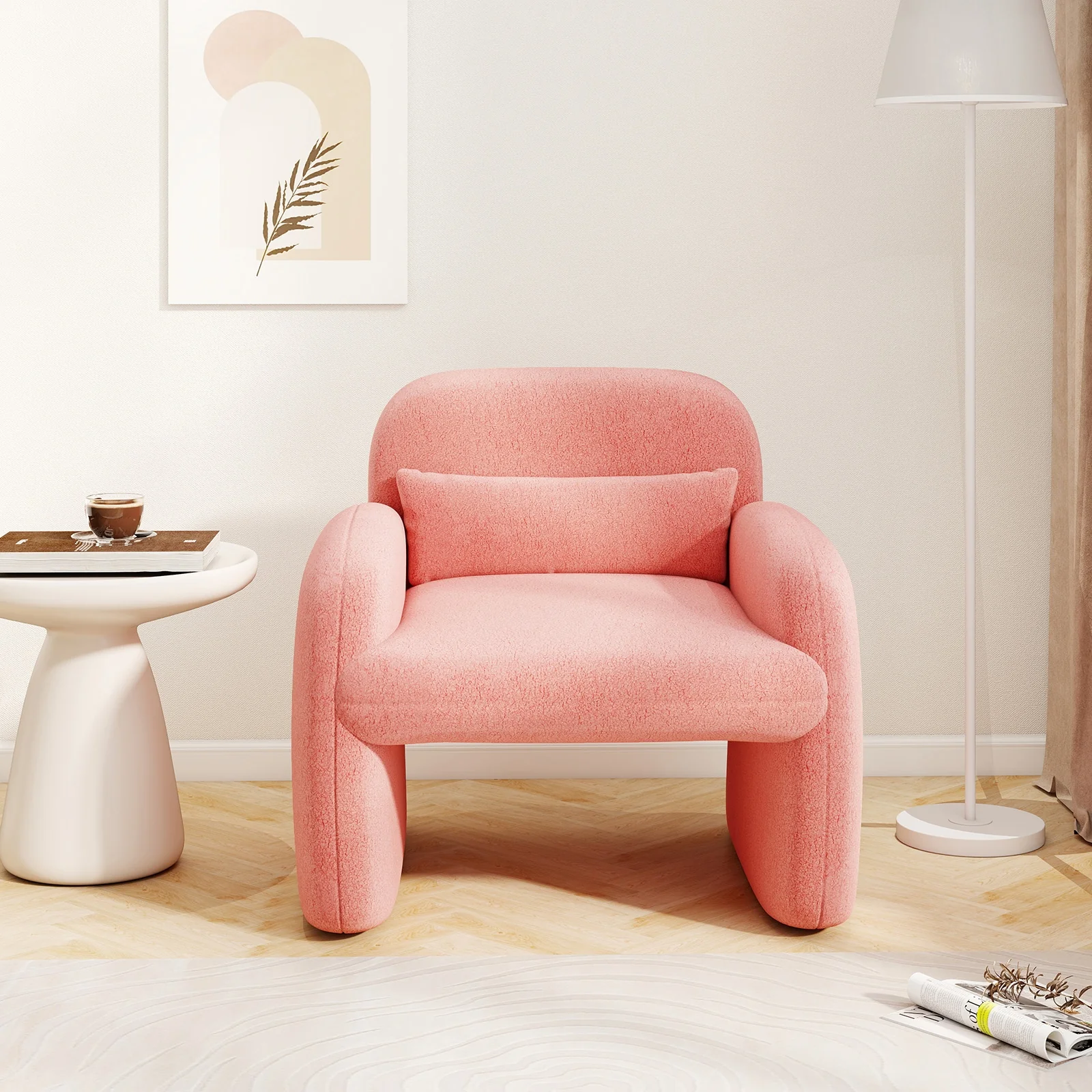 Modern Accent Chair with Waist Pillow and Armrests for Living Room Bedroom, Pink - Image 3
