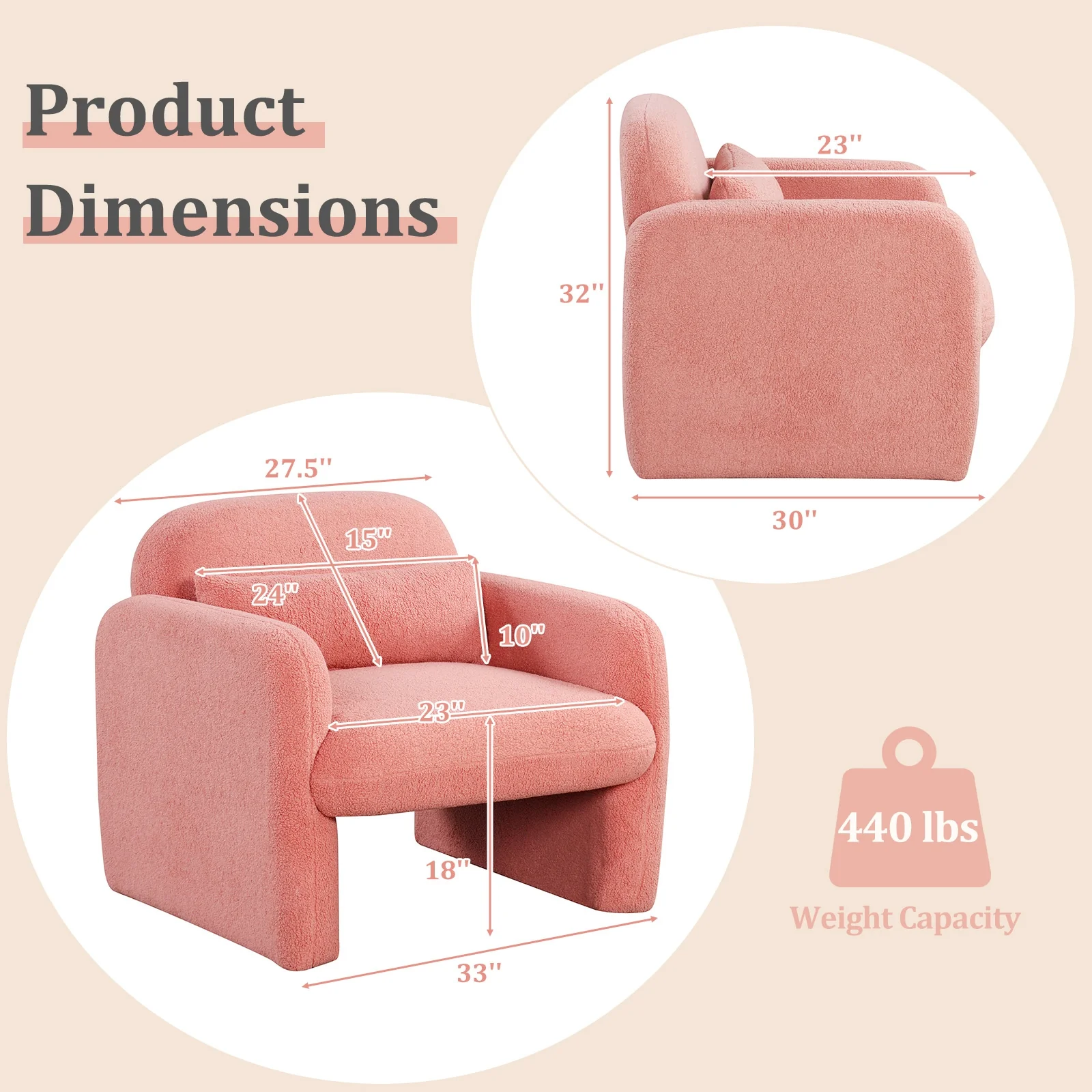 Modern Accent Chair with Waist Pillow and Armrests for Living Room Bedroom, Pink - Image 6