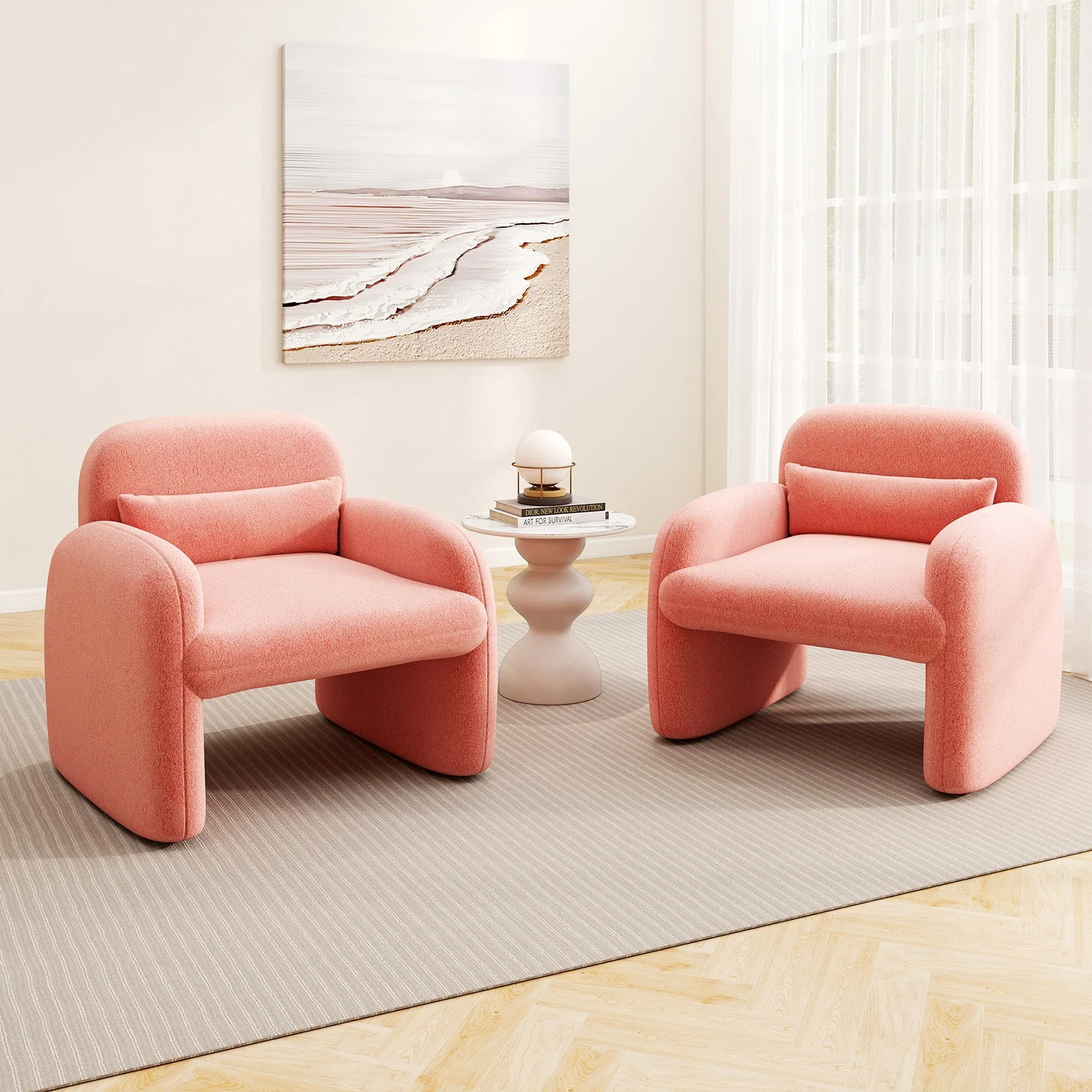 Modern Accent Chair with Waist Pillow and Armrests for Living Room Bedroom, Pink - Image 7
