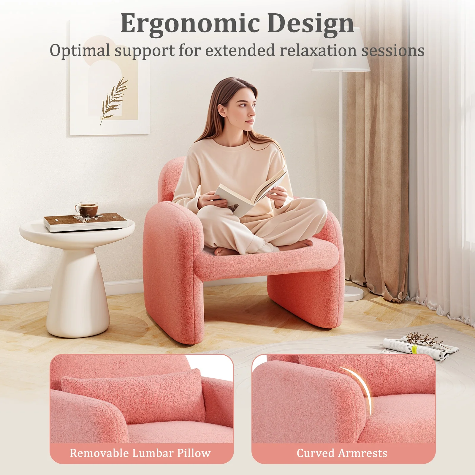 Modern Accent Chair with Waist Pillow and Armrests for Living Room Bedroom, Pink - Image 9