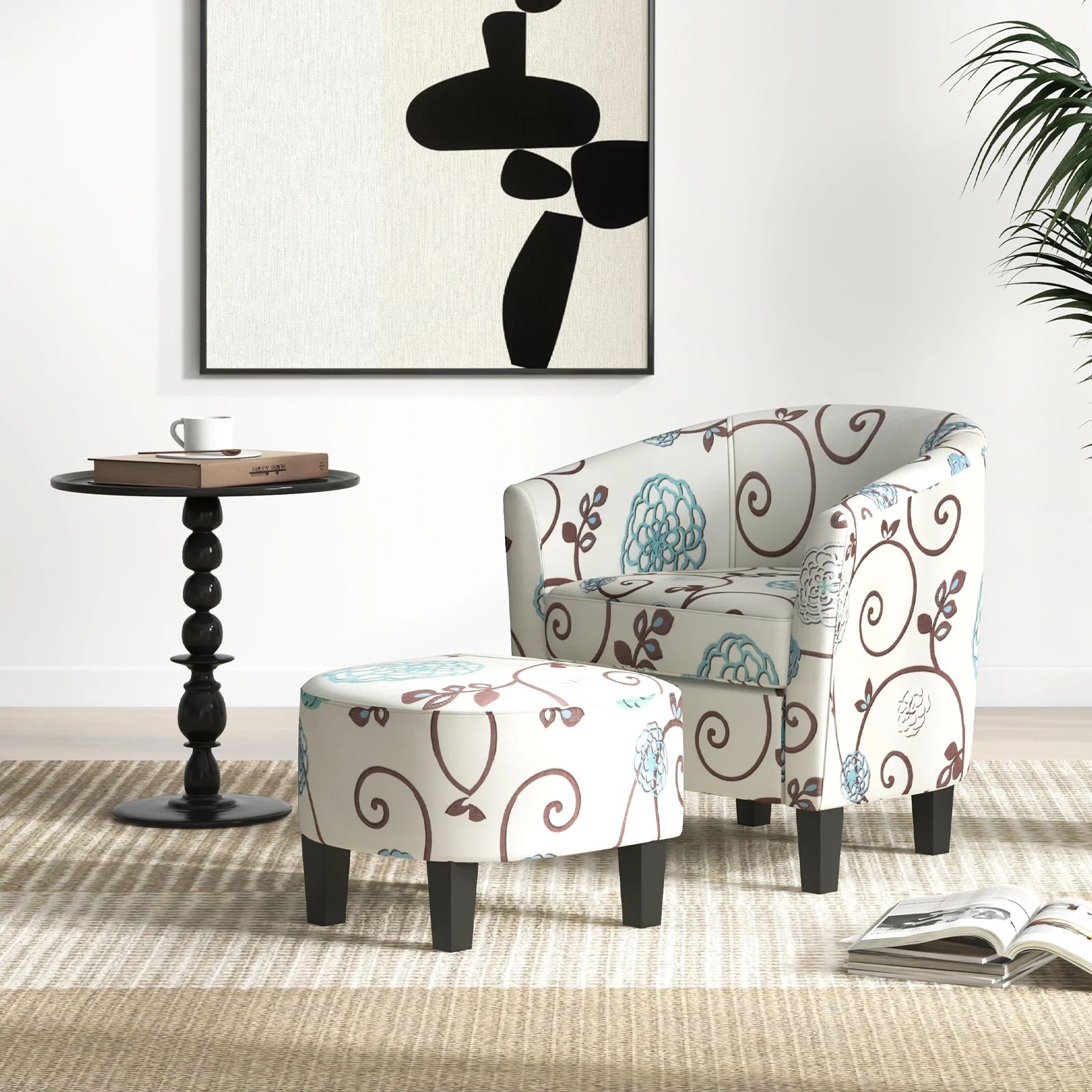 Modern Accent Tub Chair And Ottoman Set, Fabric Upholstered, Beige - Image 10