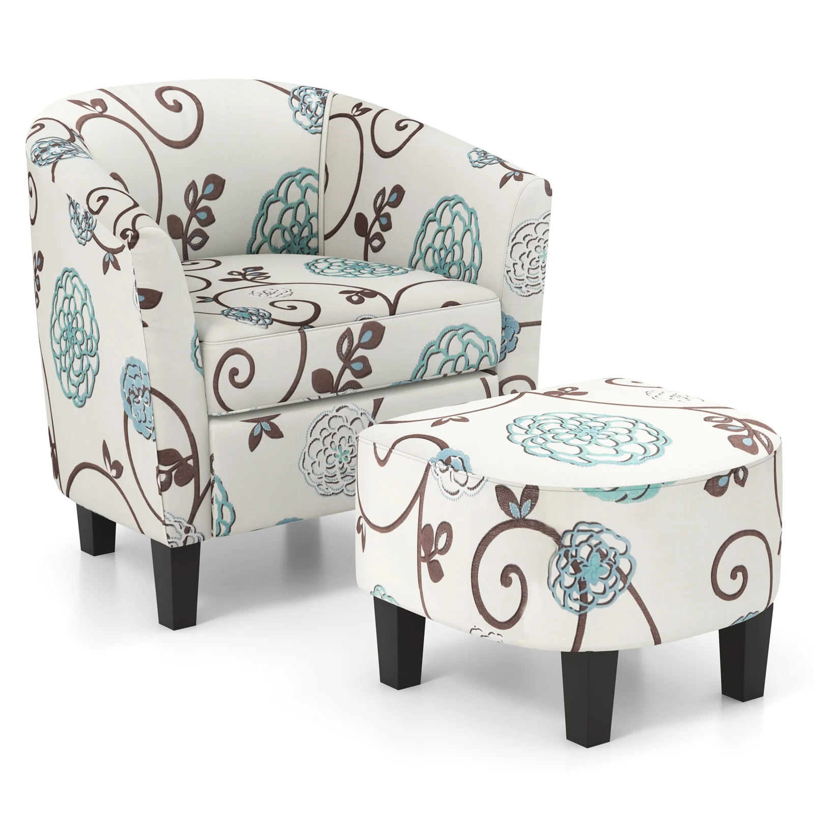 Modern Accent Tub Chair And Ottoman Set, Fabric Upholstered, Beige - Image 4