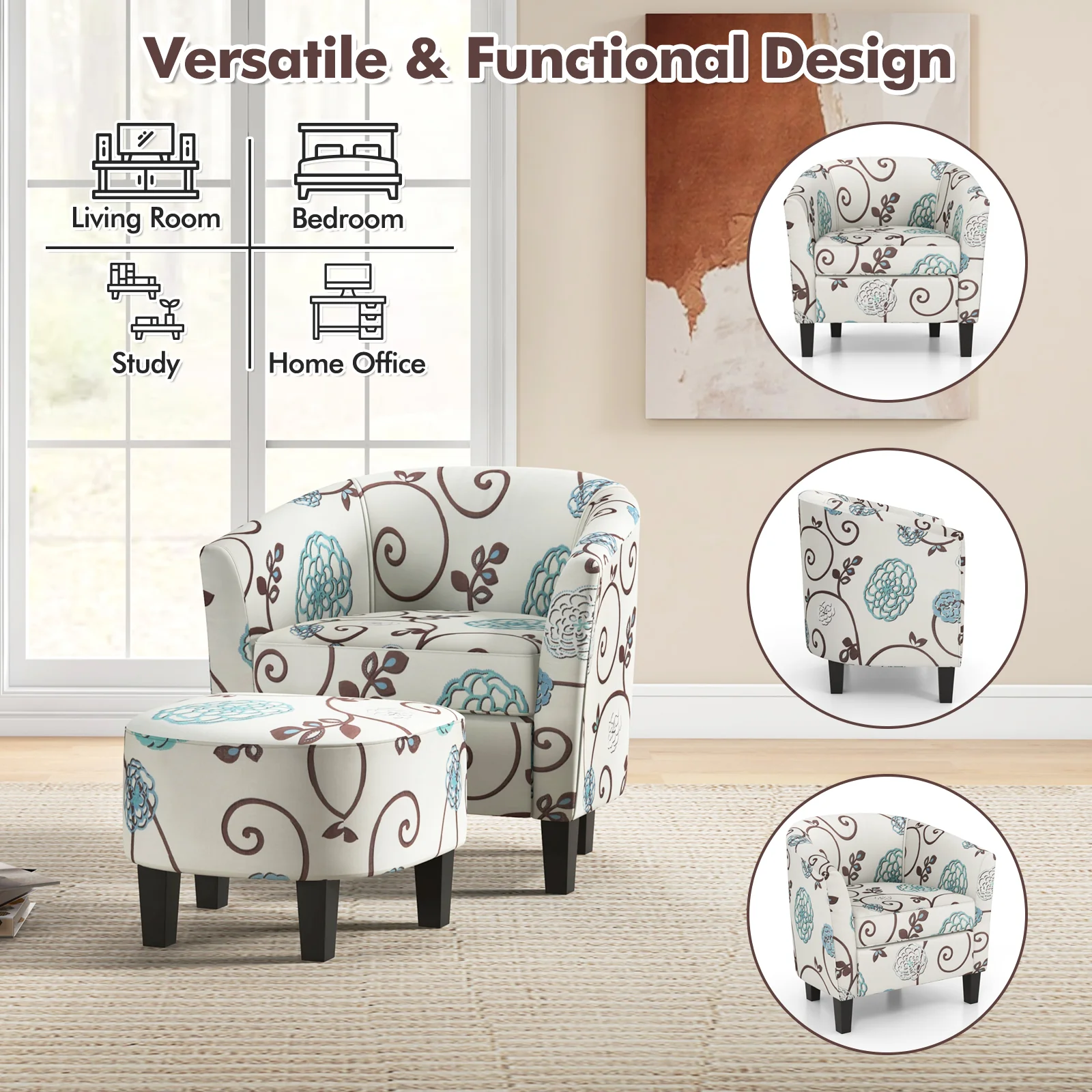 Modern Accent Tub Chair And Ottoman Set, Fabric Upholstered, Beige - Image 7