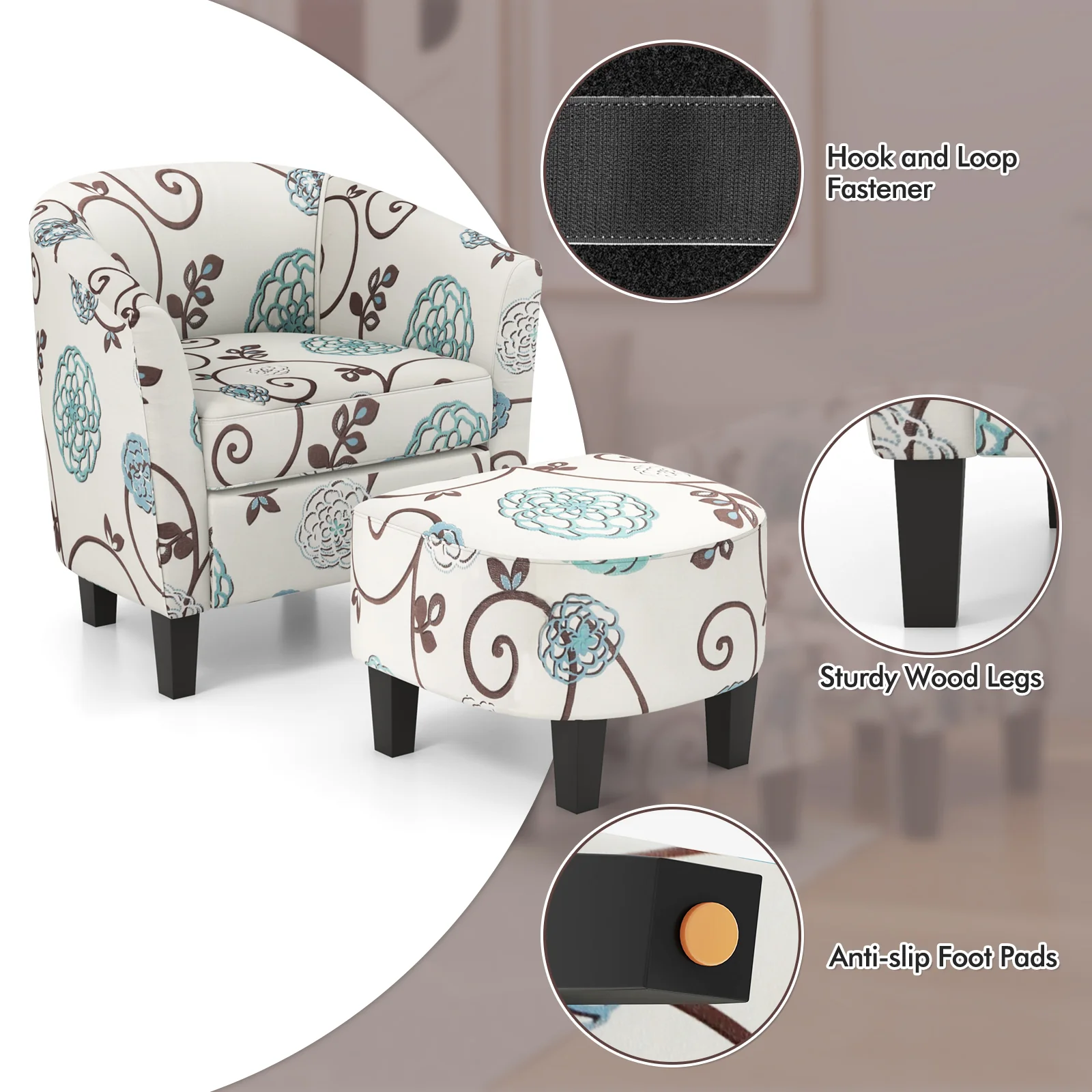 Modern Accent Tub Chair And Ottoman Set, Fabric Upholstered, Beige - Image 8