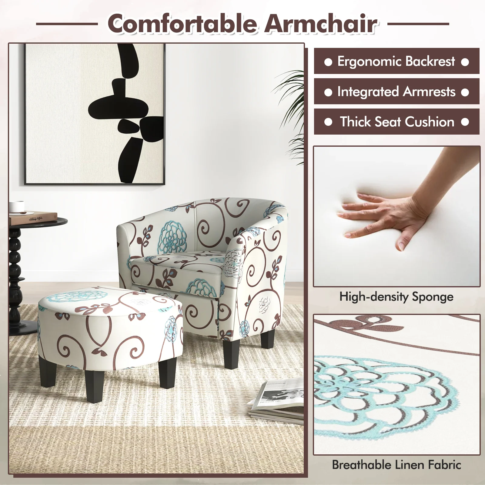 Modern Accent Tub Chair And Ottoman Set, Fabric Upholstered, Beige - Image 9