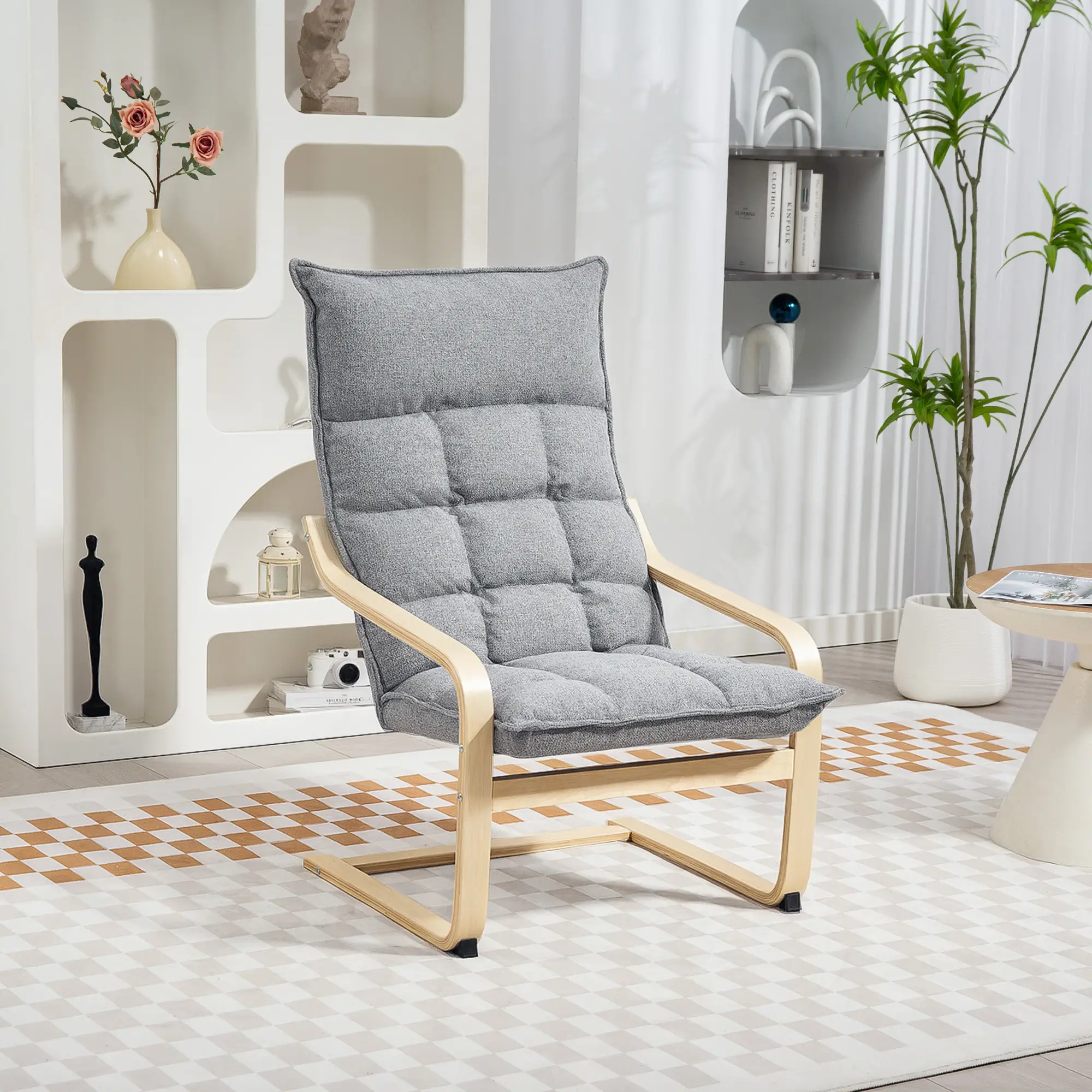 Modern Armchair, Upholstered Accent Chair, Curved Leg, Light Grey - Image 8