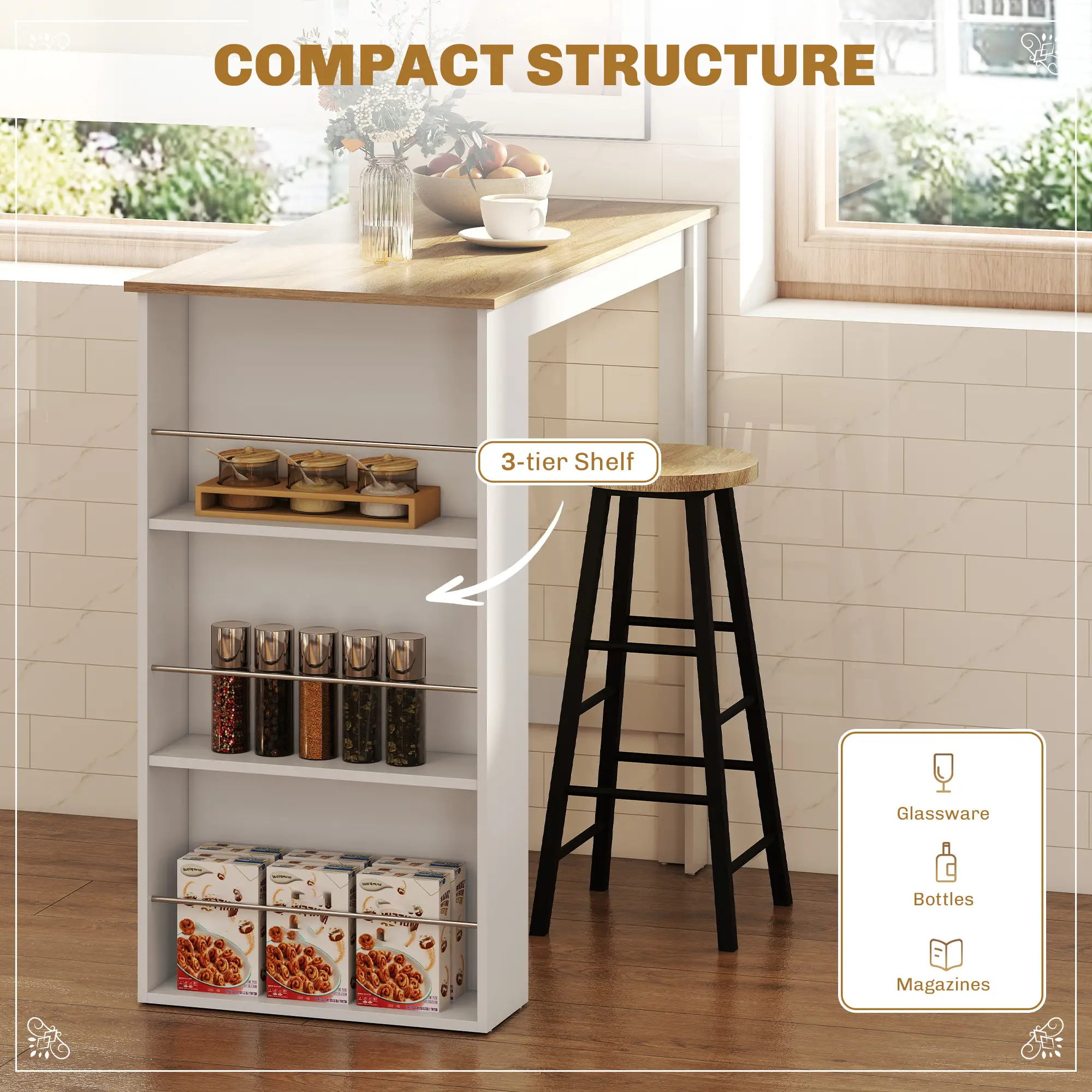 Modern Bar Table, 3 Storage Shelves, Kitchen Dining Room, White - Image 4