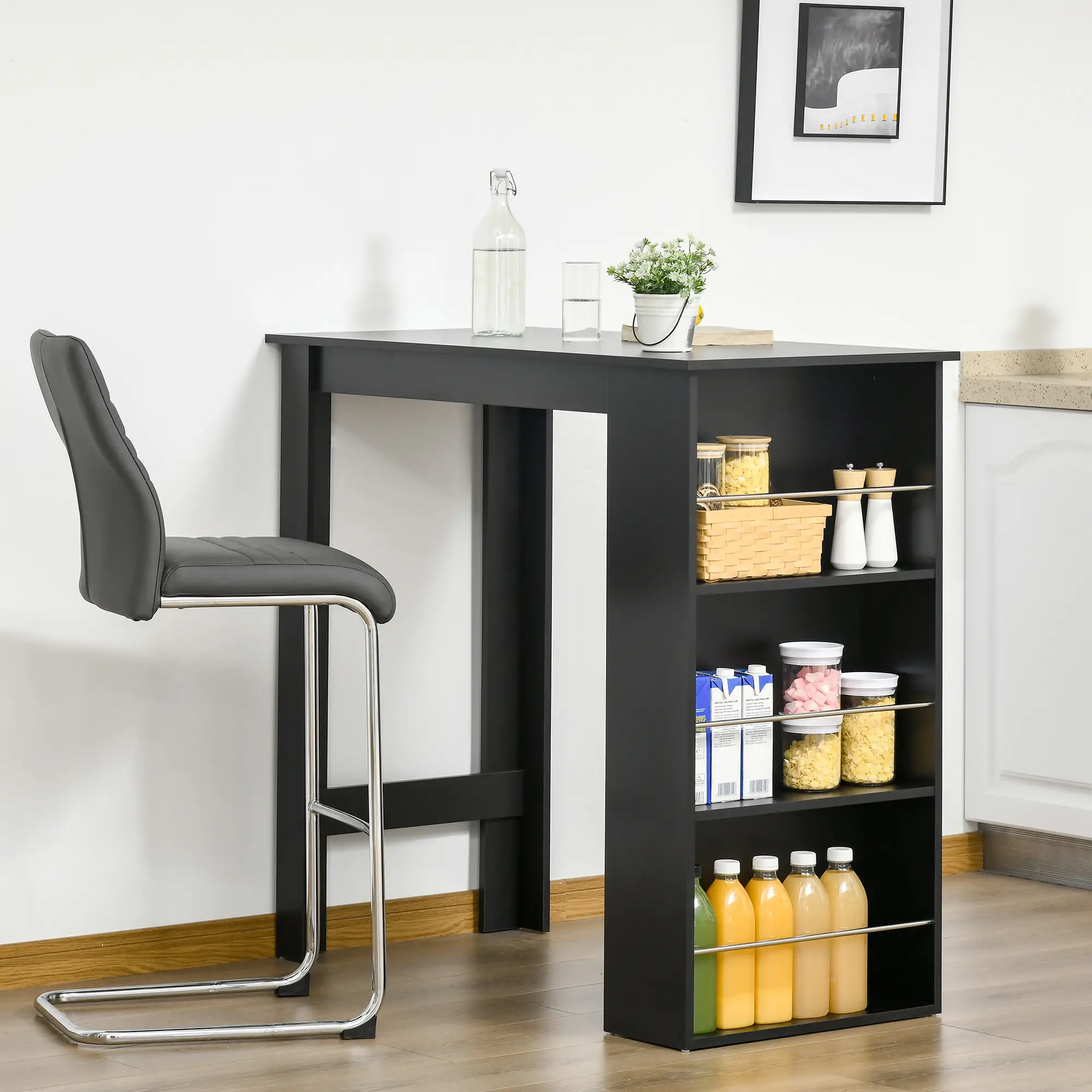 Modern Bar Table, Counter Height, 3 Storage Shelves, Black - Image 2