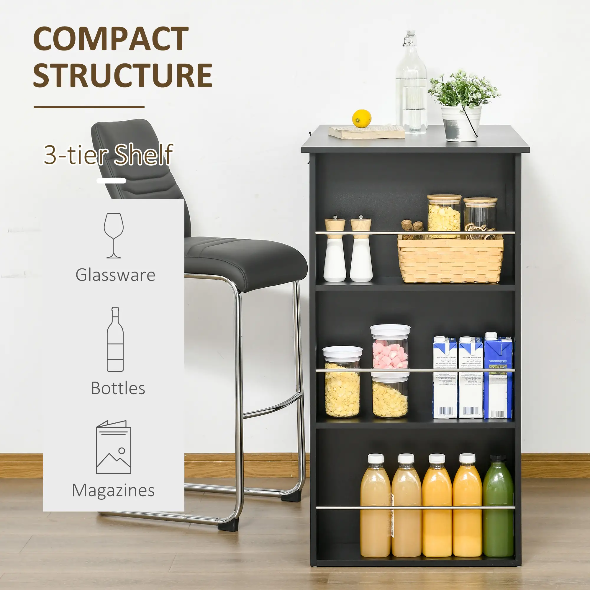 Modern Bar Table, Counter Height, 3 Storage Shelves, Black - Image 4