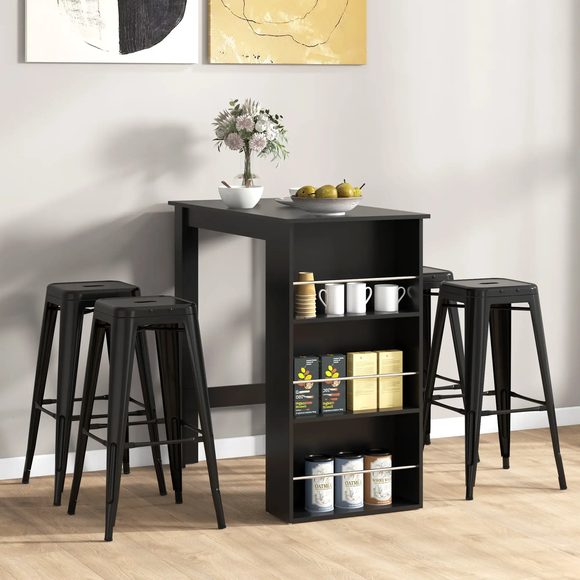 Modern Bar Table, Counter Height, 3 Storage Shelves, Black - Image 7