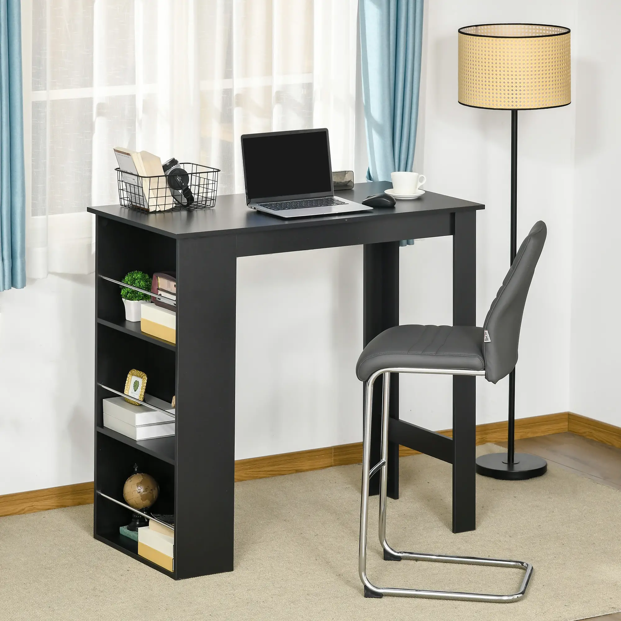 Modern Bar Table, Counter Height, 3 Storage Shelves, Black - Image 8