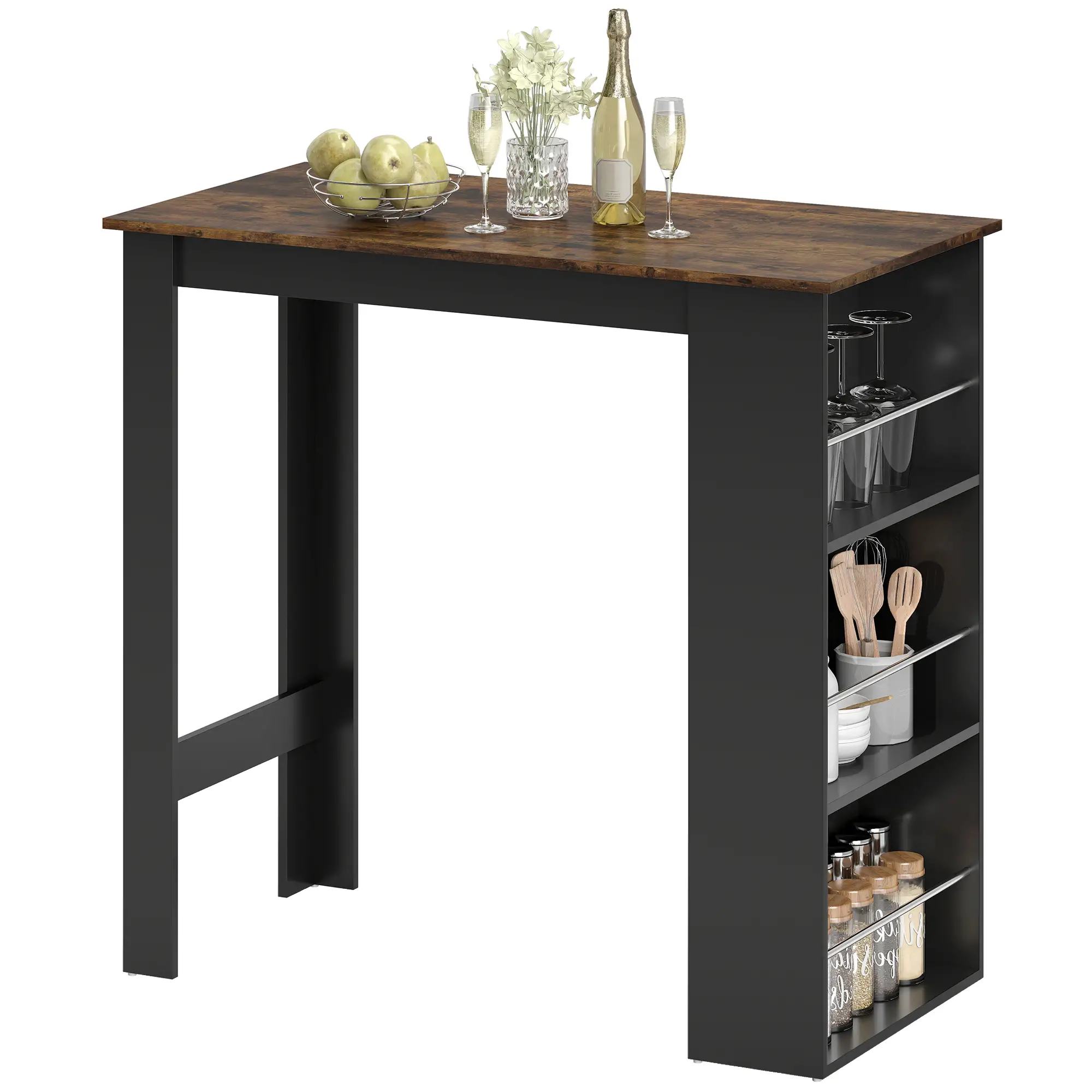 Modern Bar Table, Counter Height, 3 Storage Shelves, Rustic Brown, Brown