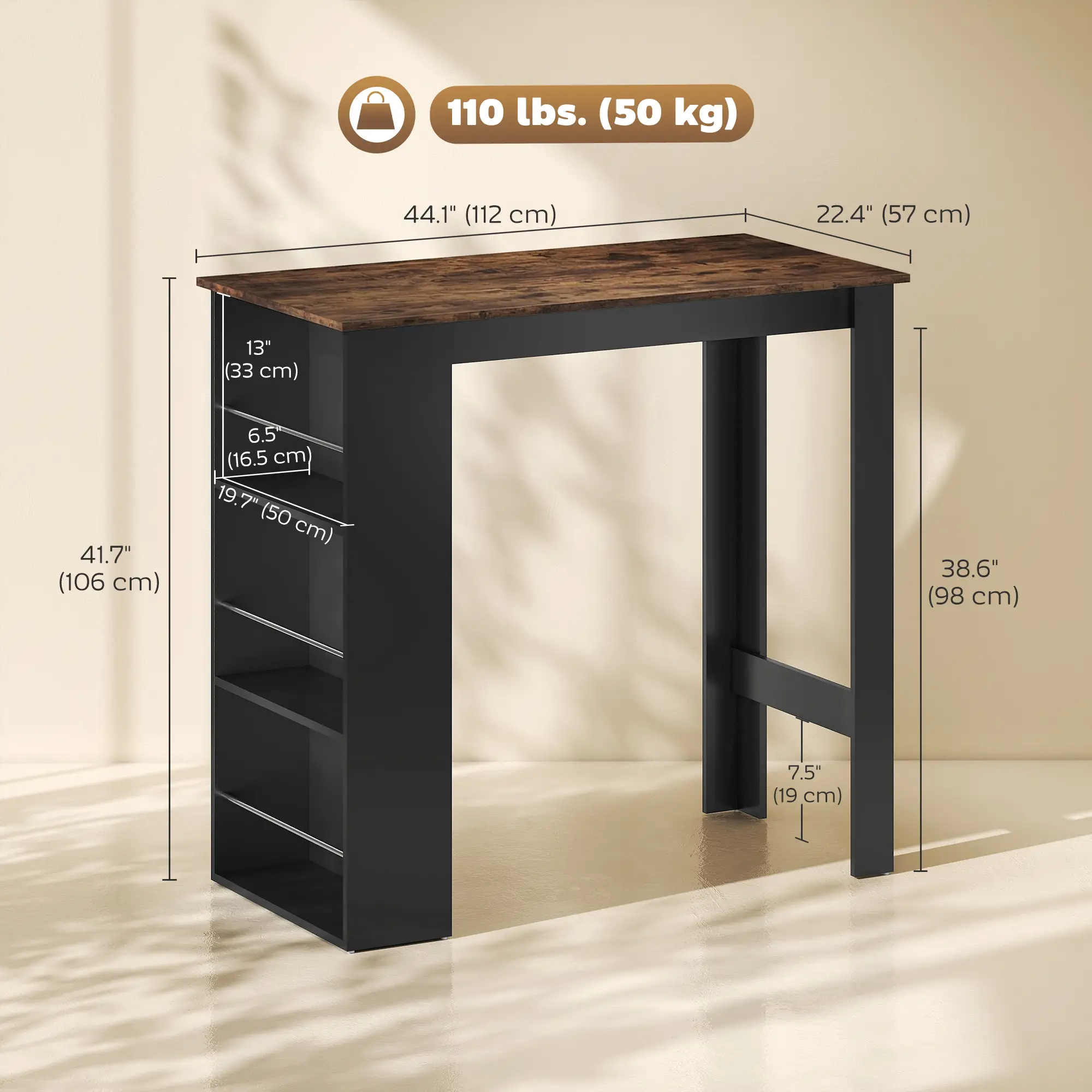 Modern Bar Table, Counter Height, 3 Storage Shelves, Rustic Brown, Brown - Image 3