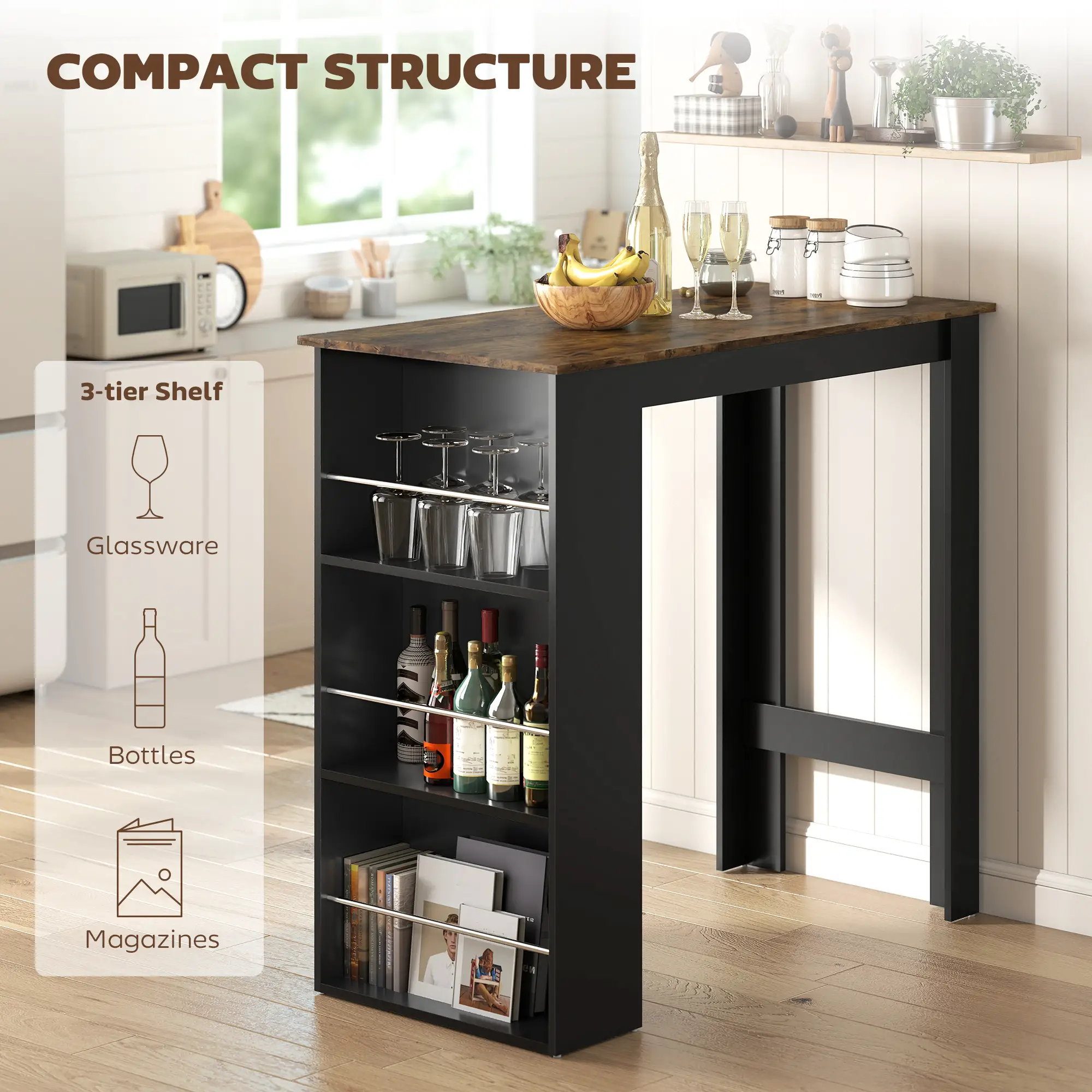 Modern Bar Table, Counter Height, 3 Storage Shelves, Rustic Brown, Brown - Image 4