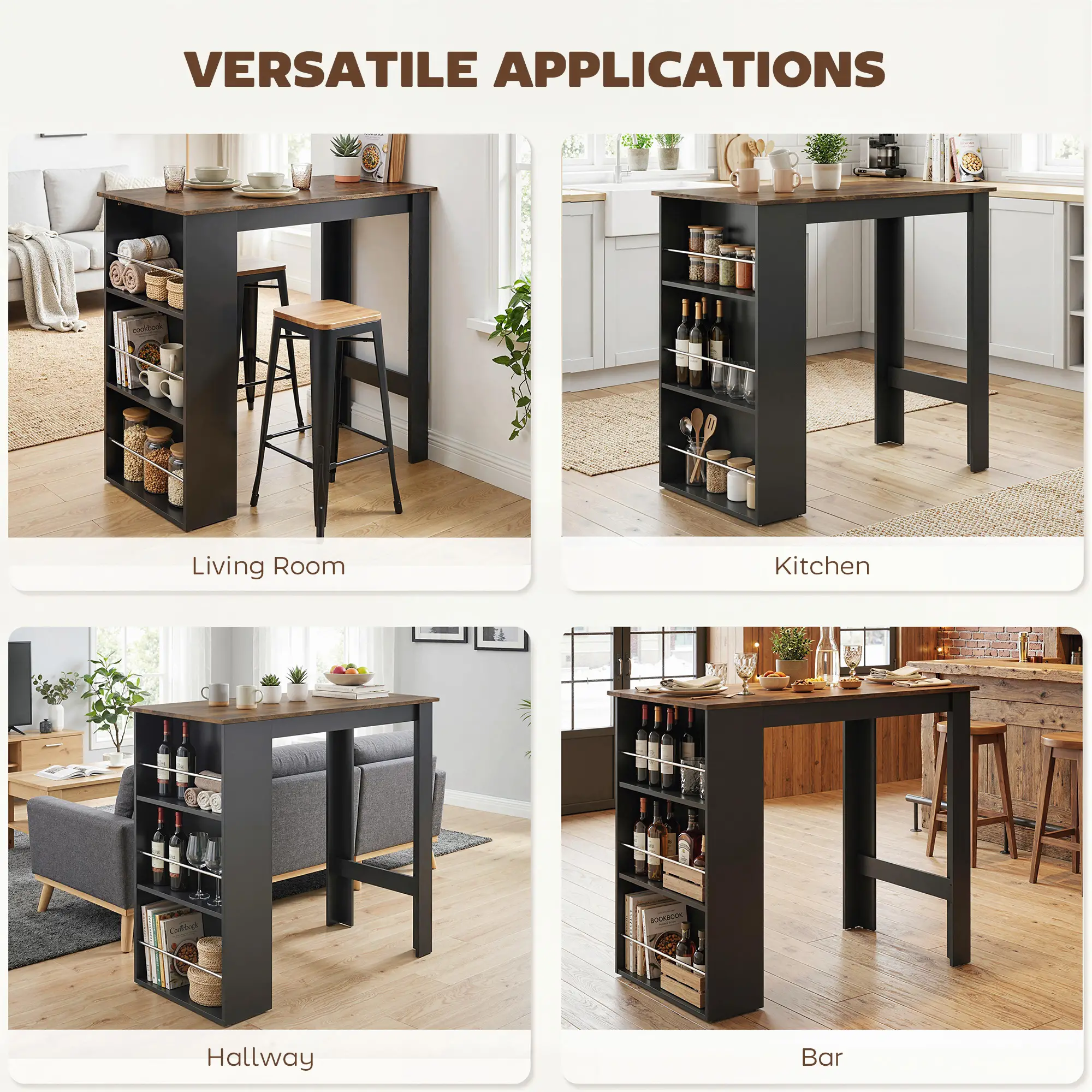 Modern Bar Table, Counter Height, 3 Storage Shelves, Rustic Brown, Brown - Image 5