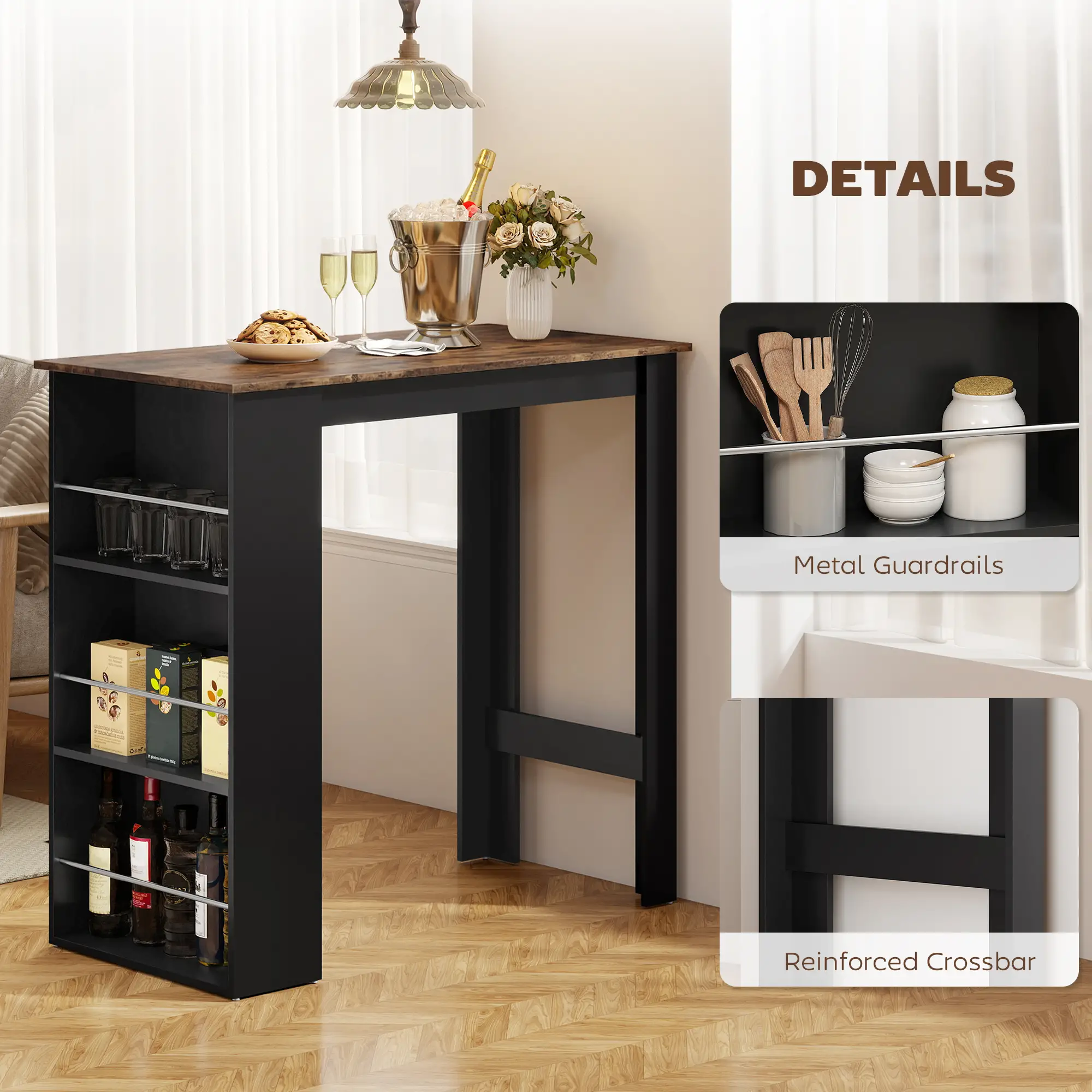 Modern Bar Table, Counter Height, 3 Storage Shelves, Rustic Brown, Brown - Image 6