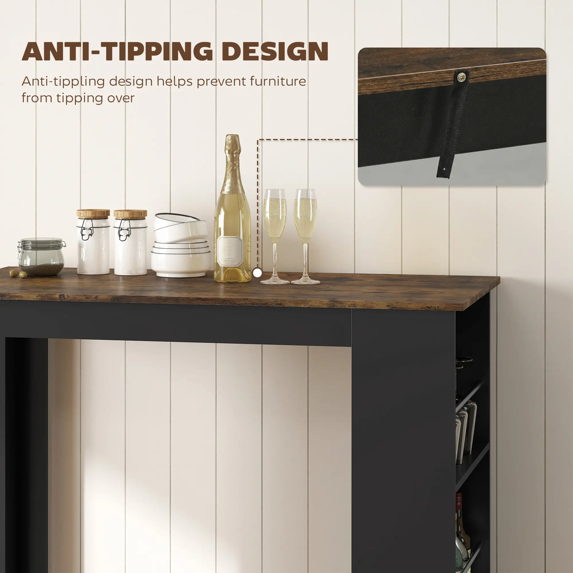 Modern Bar Table, Counter Height, 3 Storage Shelves, Rustic Brown, Brown - Image 7