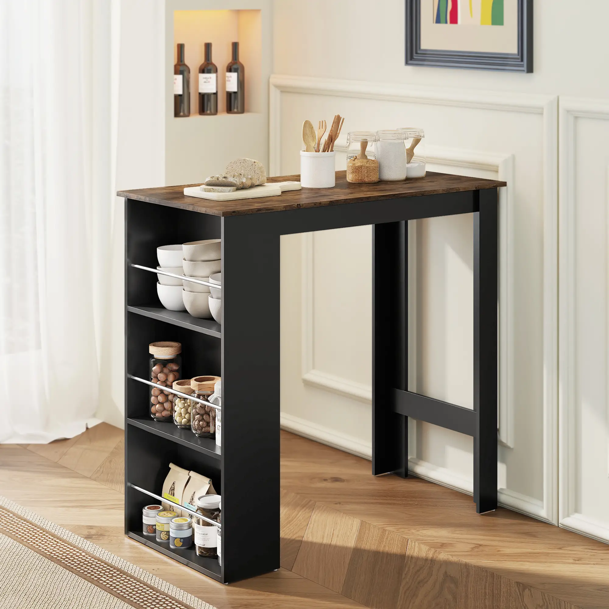 Modern Bar Table, Counter Height, 3 Storage Shelves, Rustic Brown, Brown - Image 8