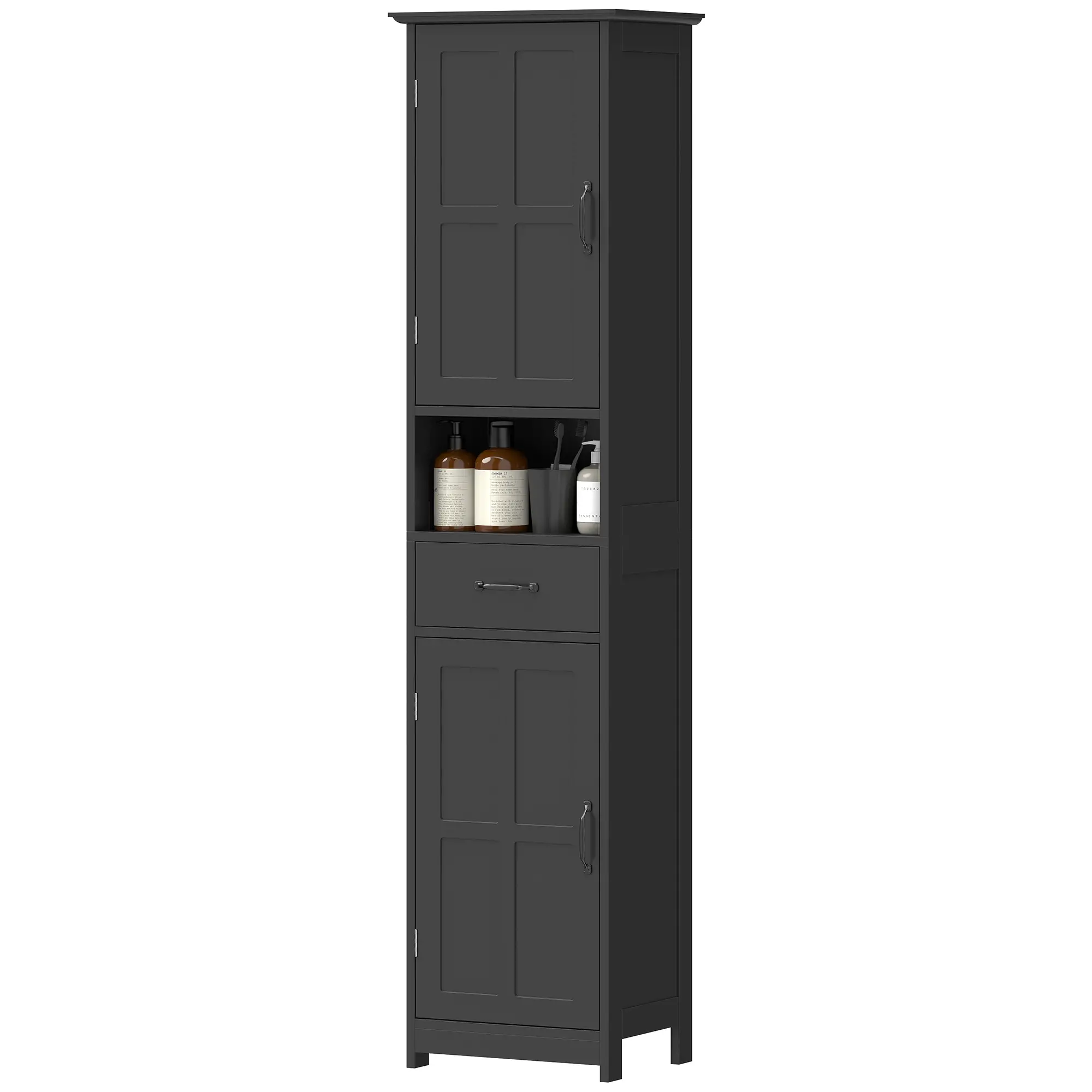 Modern Bathroom Cabinet, Narrow Vanity with Shelf and Drawer, Black
