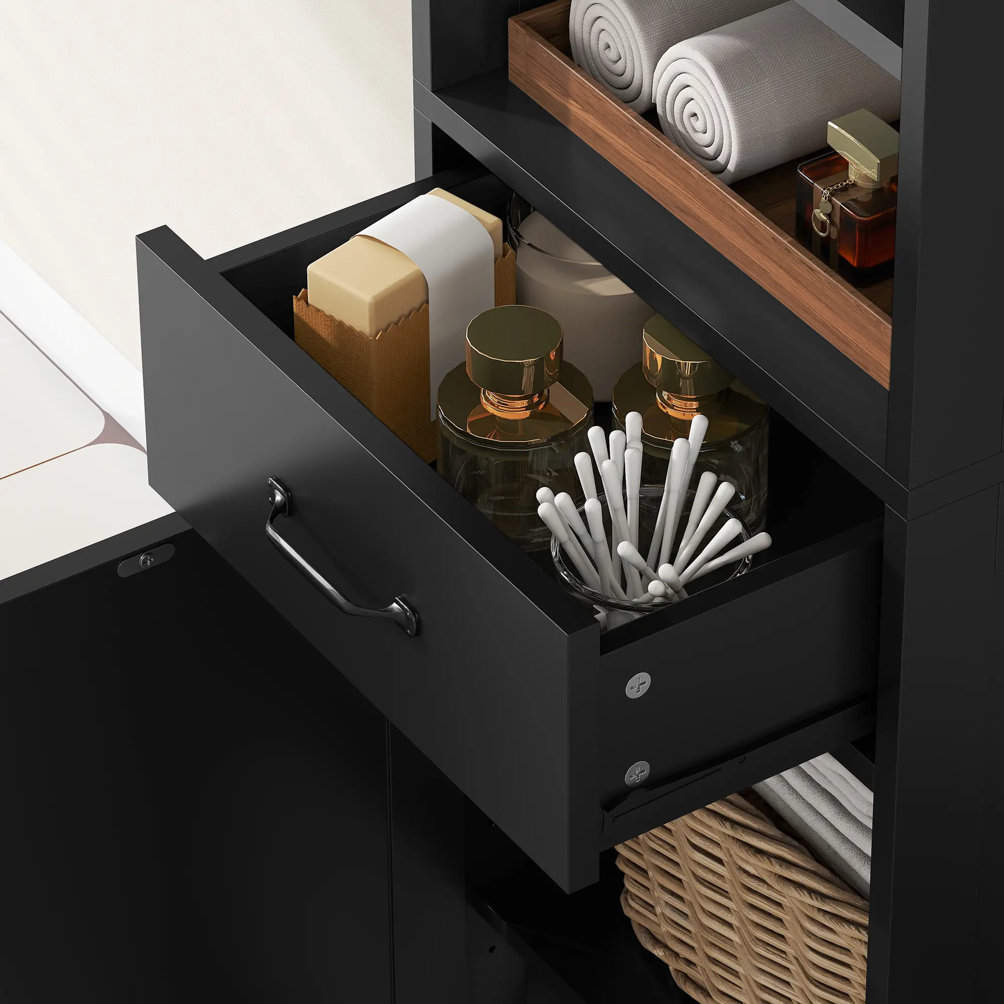 Modern Bathroom Cabinet, Narrow Vanity with Shelf and Drawer, Black - Image 10