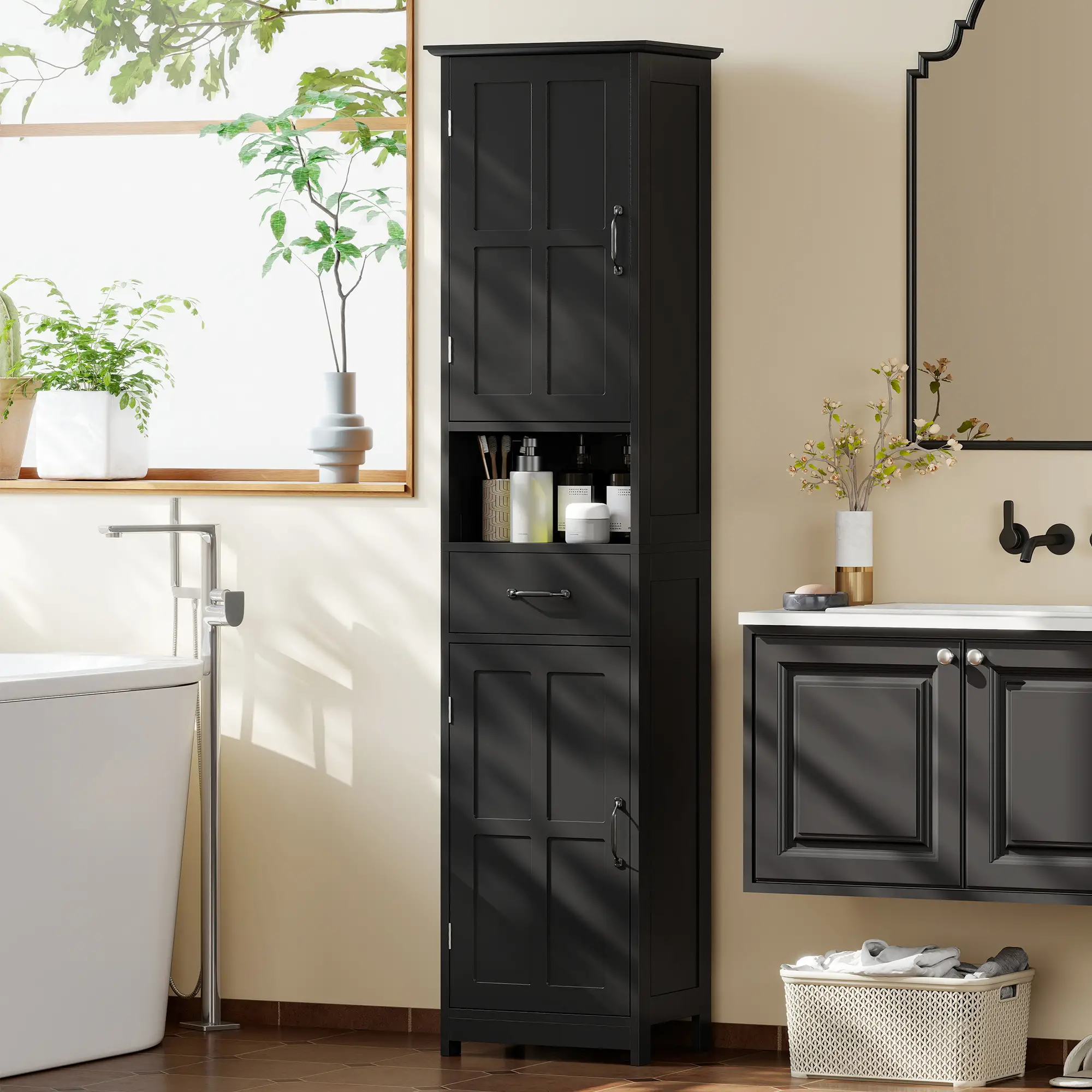 Modern Bathroom Cabinet, Narrow Vanity with Shelf and Drawer, Black - Image 2
