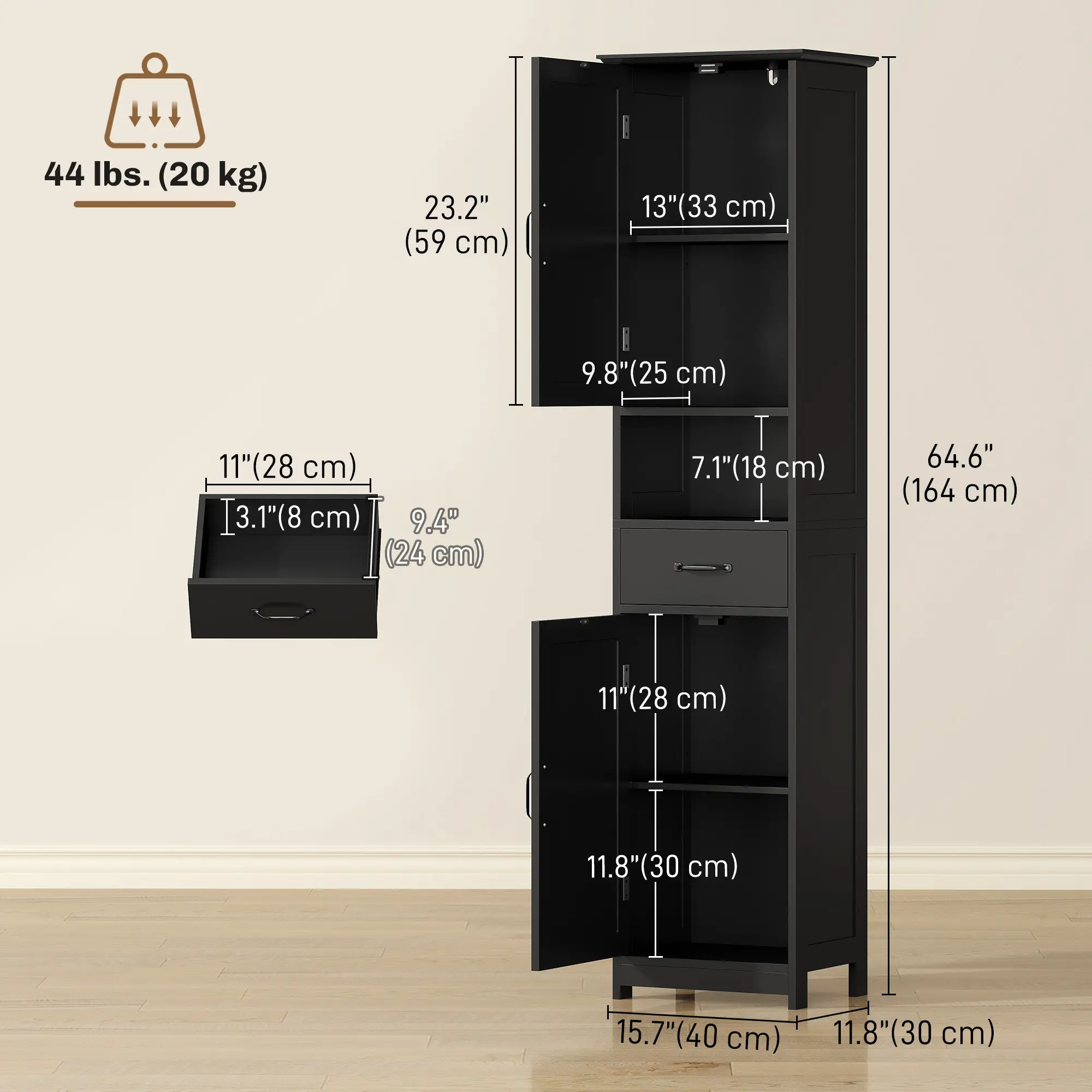 Modern Bathroom Cabinet, Narrow Vanity with Shelf and Drawer, Black - Image 3