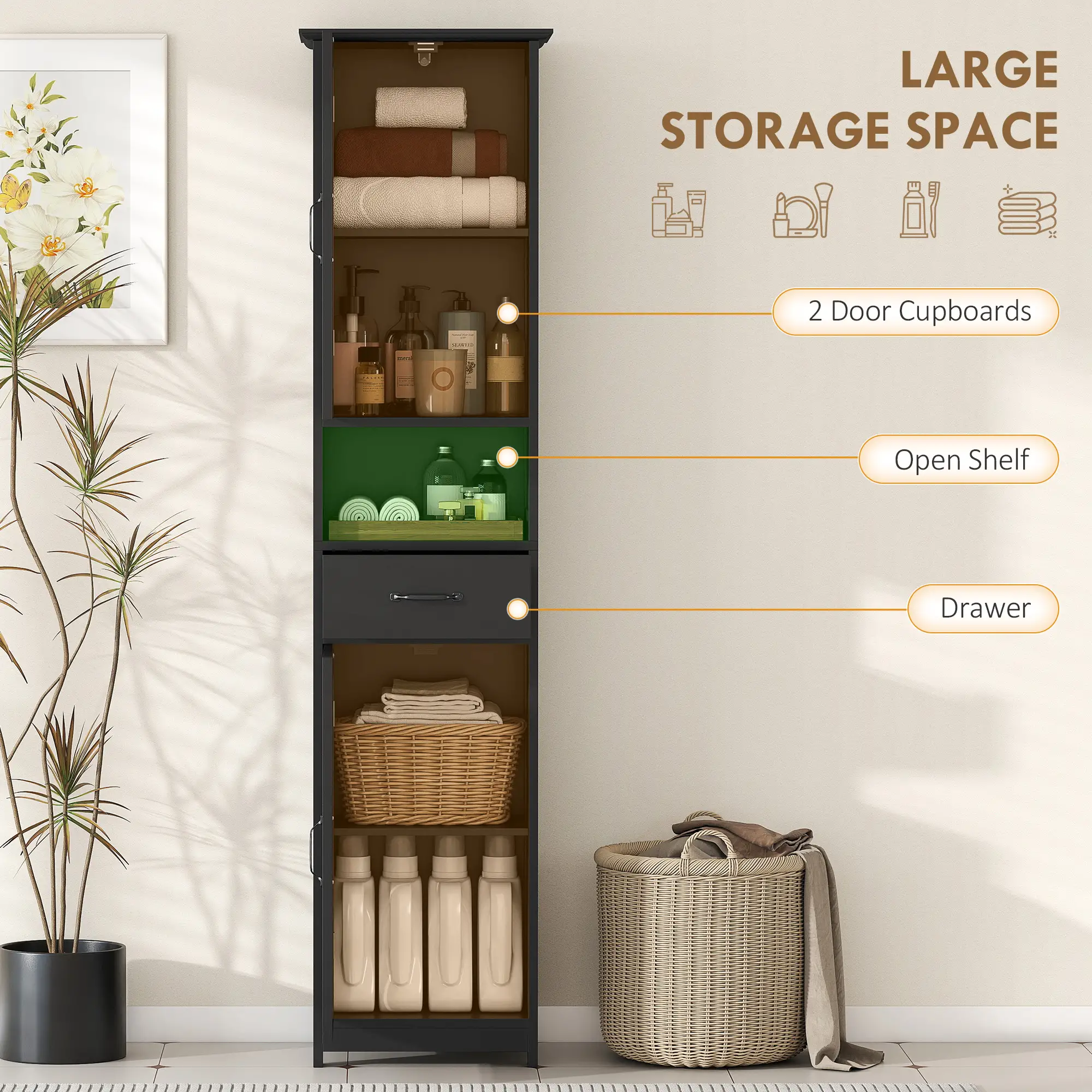 Modern Bathroom Cabinet, Narrow Vanity with Shelf and Drawer, Black - Image 4