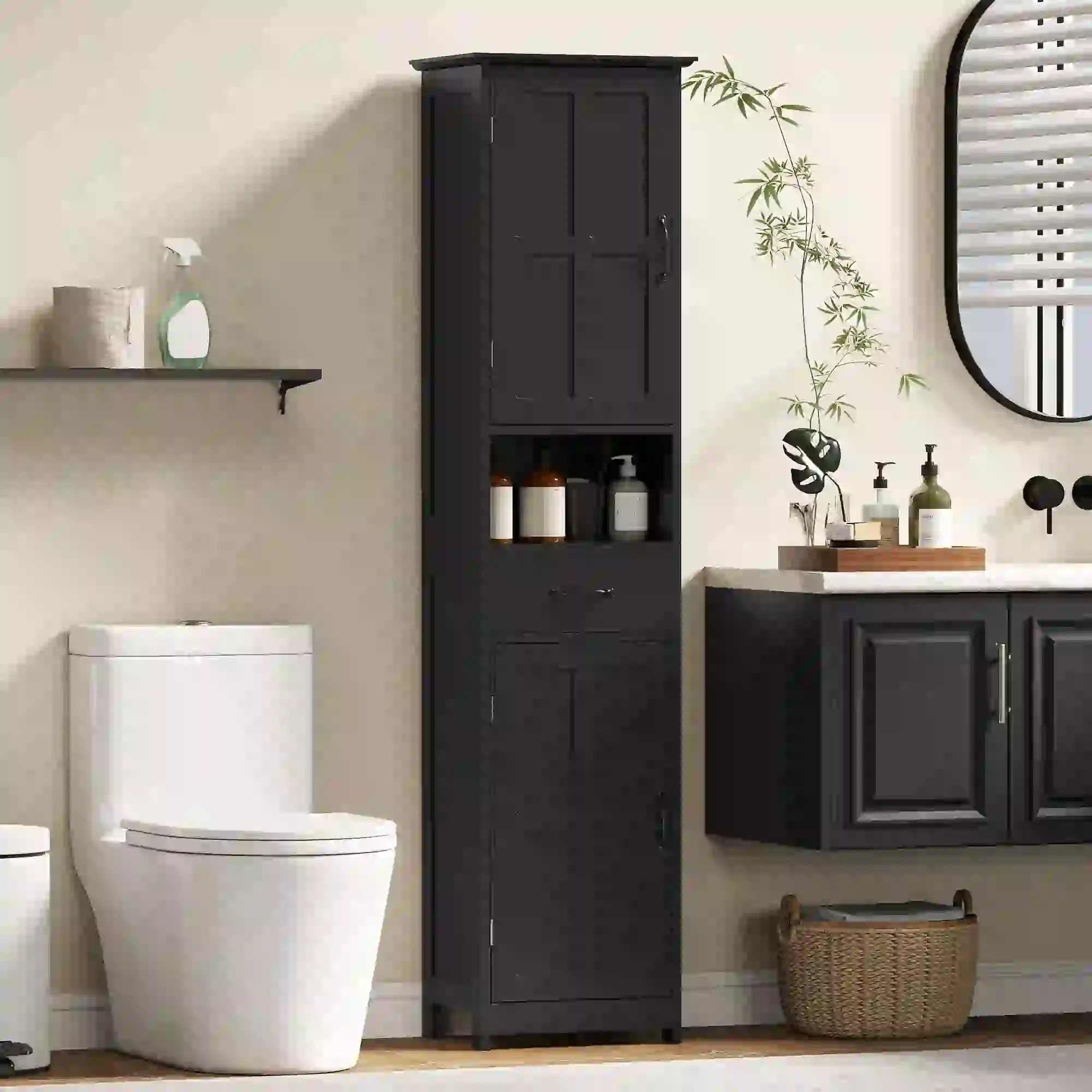 Modern Bathroom Cabinet, Narrow Vanity with Shelf and Drawer, Black - Image 8