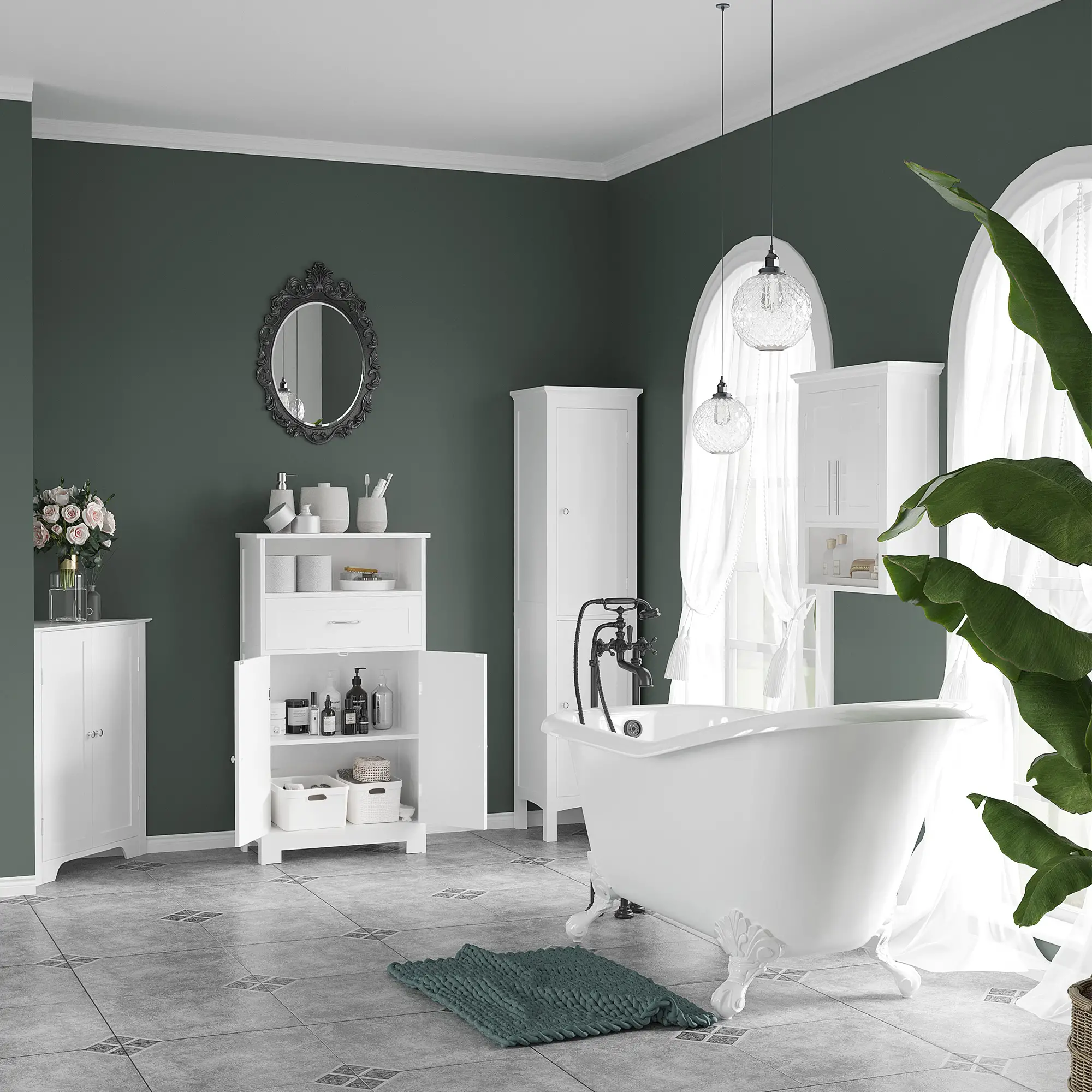 Modern Bathroom Storage Cabinet, Corner with Doors, Adjustable Shelf, White - Image 10