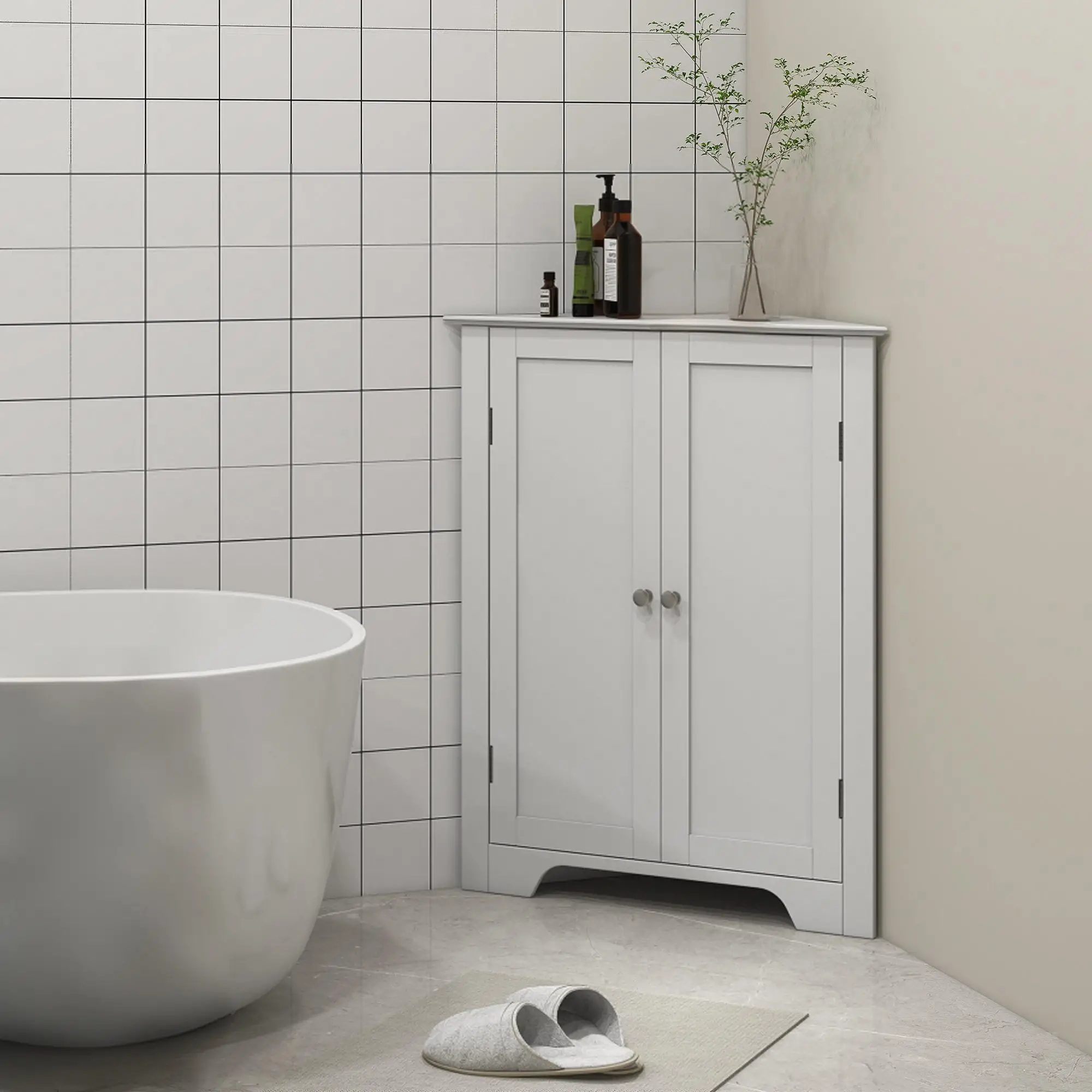 Modern Bathroom Storage Cabinet, Corner with Doors, Adjustable Shelf, White - Image 2