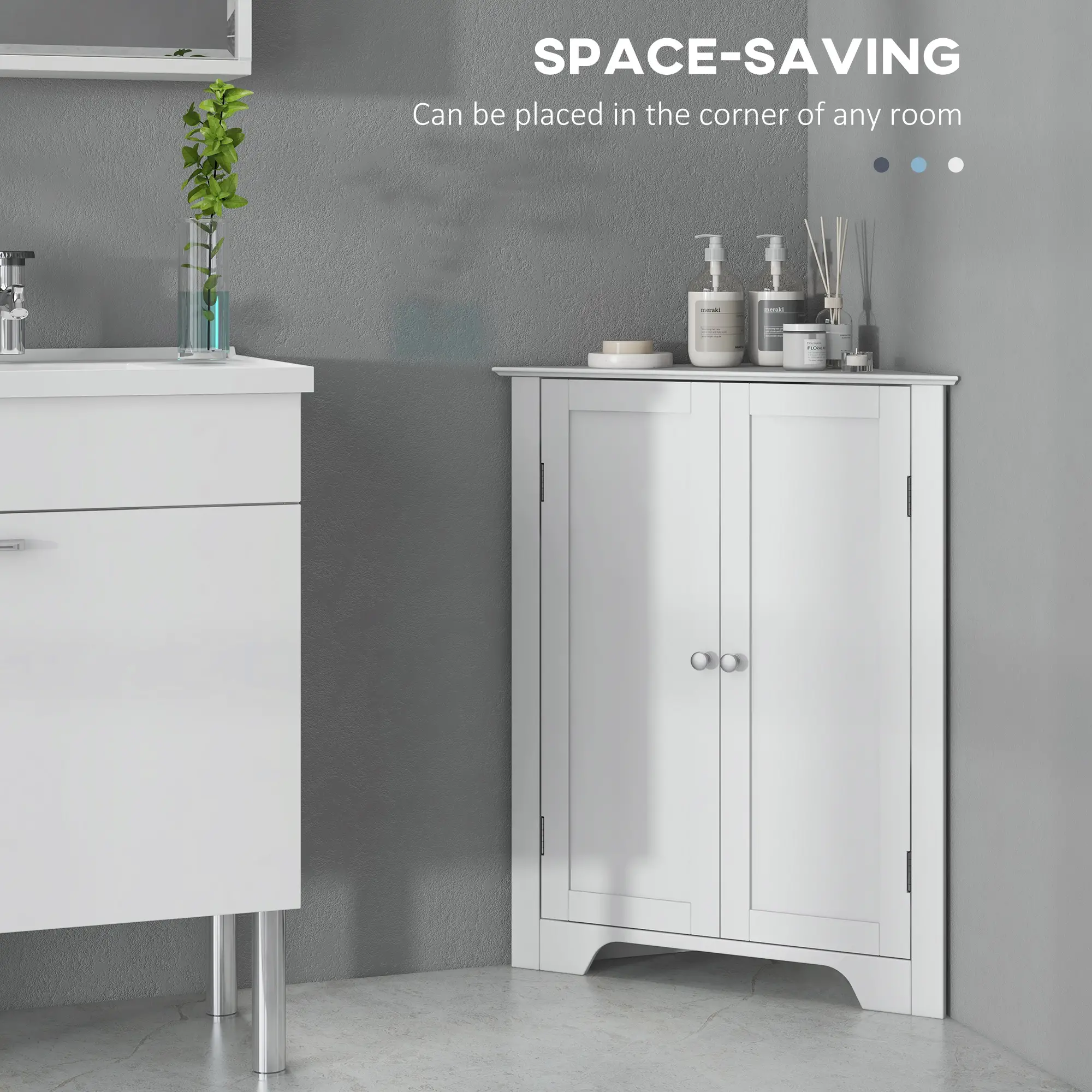 Modern Bathroom Storage Cabinet, Corner with Doors, Adjustable Shelf, White - Image 4