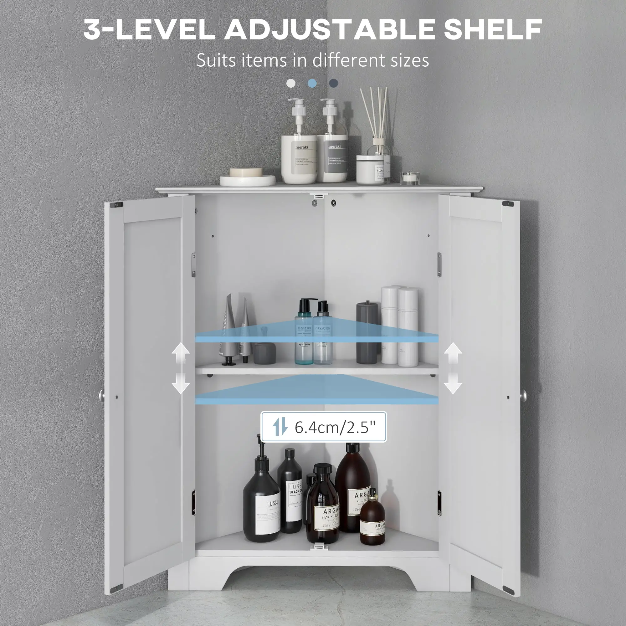 Modern Bathroom Storage Cabinet, Corner with Doors, Adjustable Shelf, White - Image 5