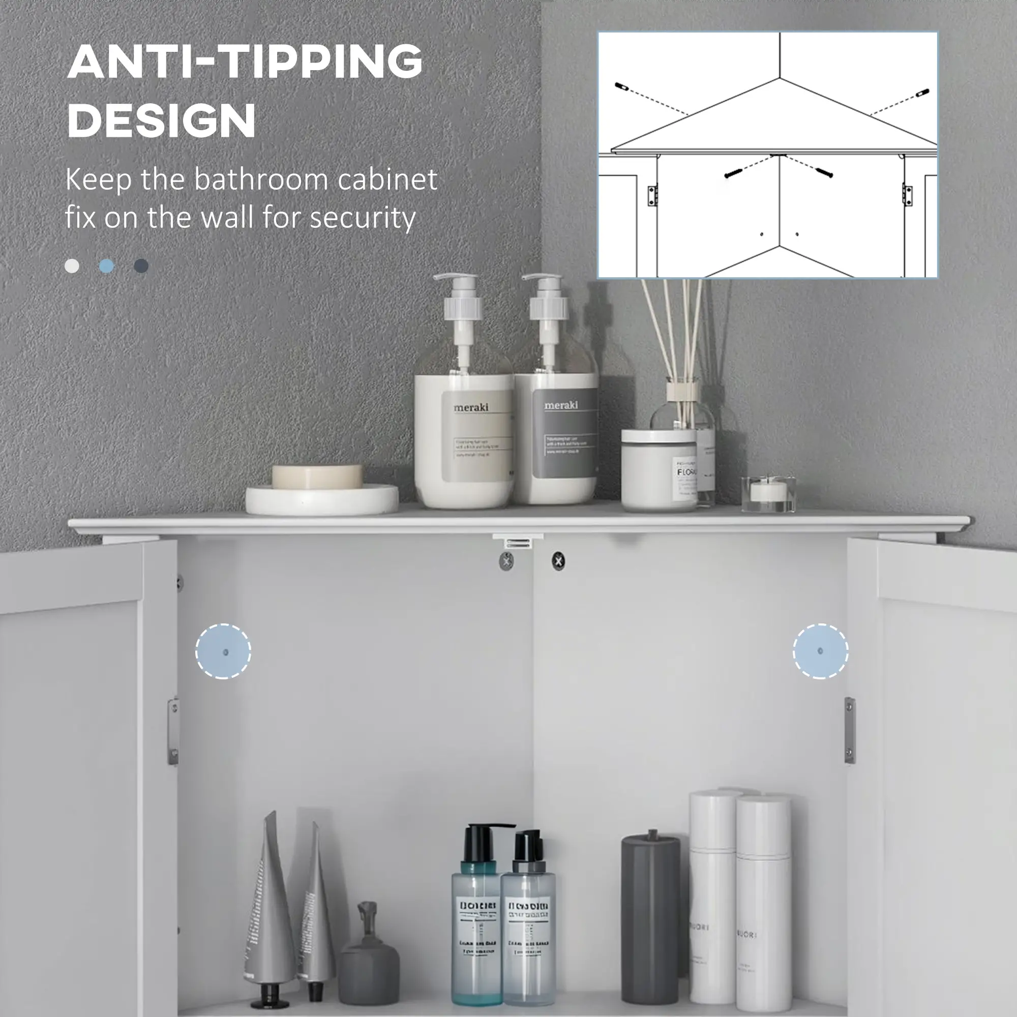 Modern Bathroom Storage Cabinet, Corner with Doors, Adjustable Shelf, White - Image 6