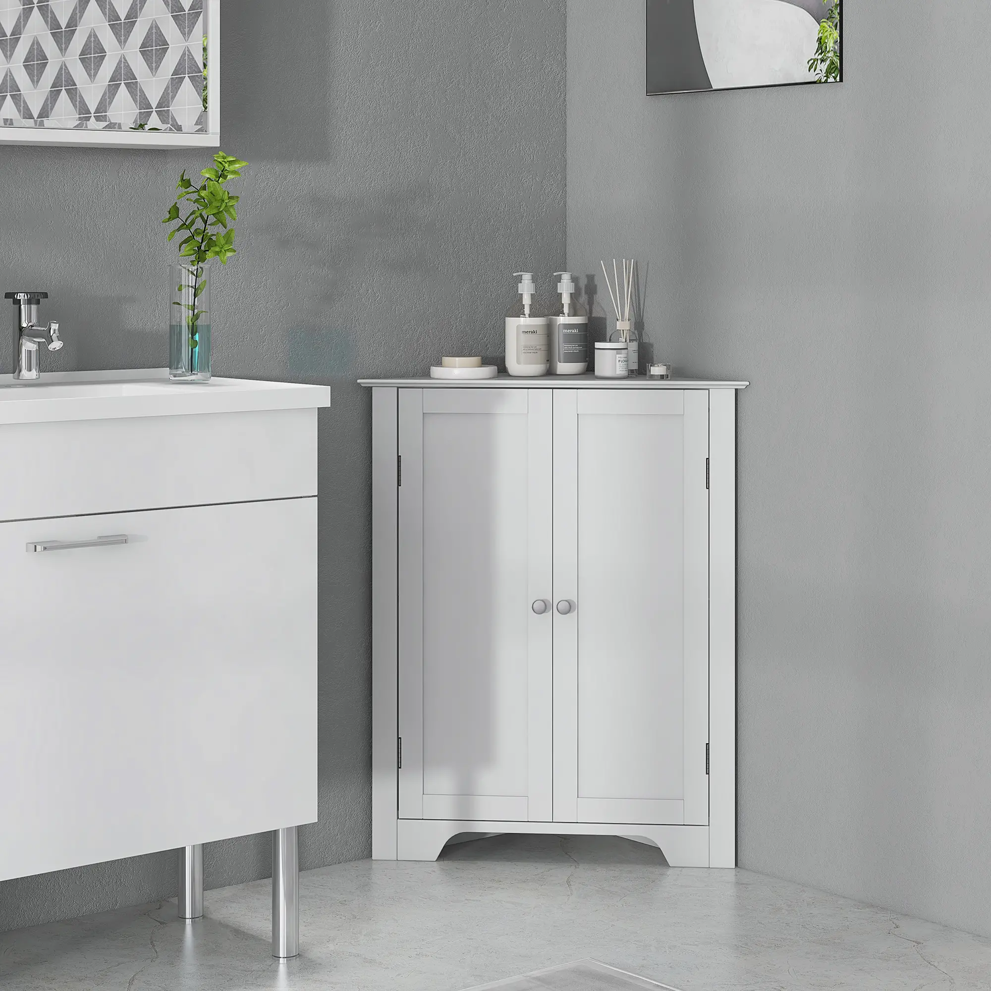 Modern Bathroom Storage Cabinet, Corner with Doors, Adjustable Shelf, White - Image 8