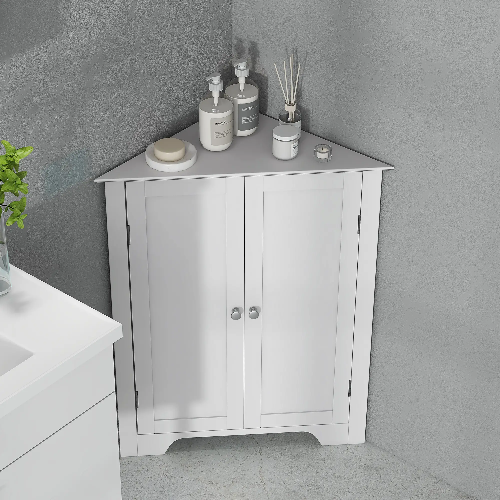 Modern Bathroom Storage Cabinet, Corner with Doors, Adjustable Shelf, White - Image 9
