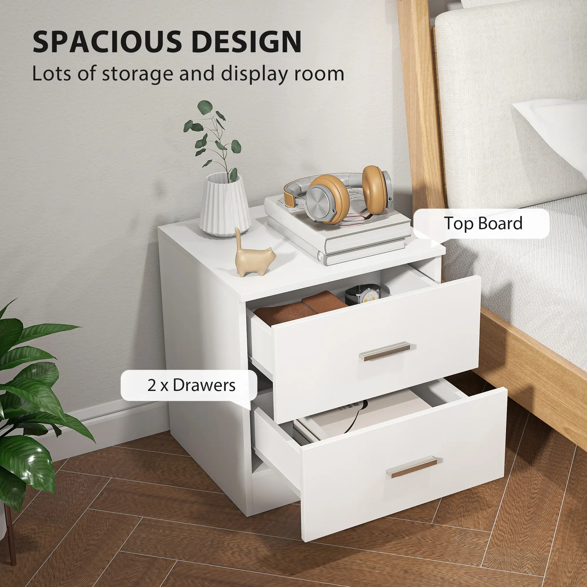 Modern Bedside Table with 2 Drawers, Nightstand, White - Image 4