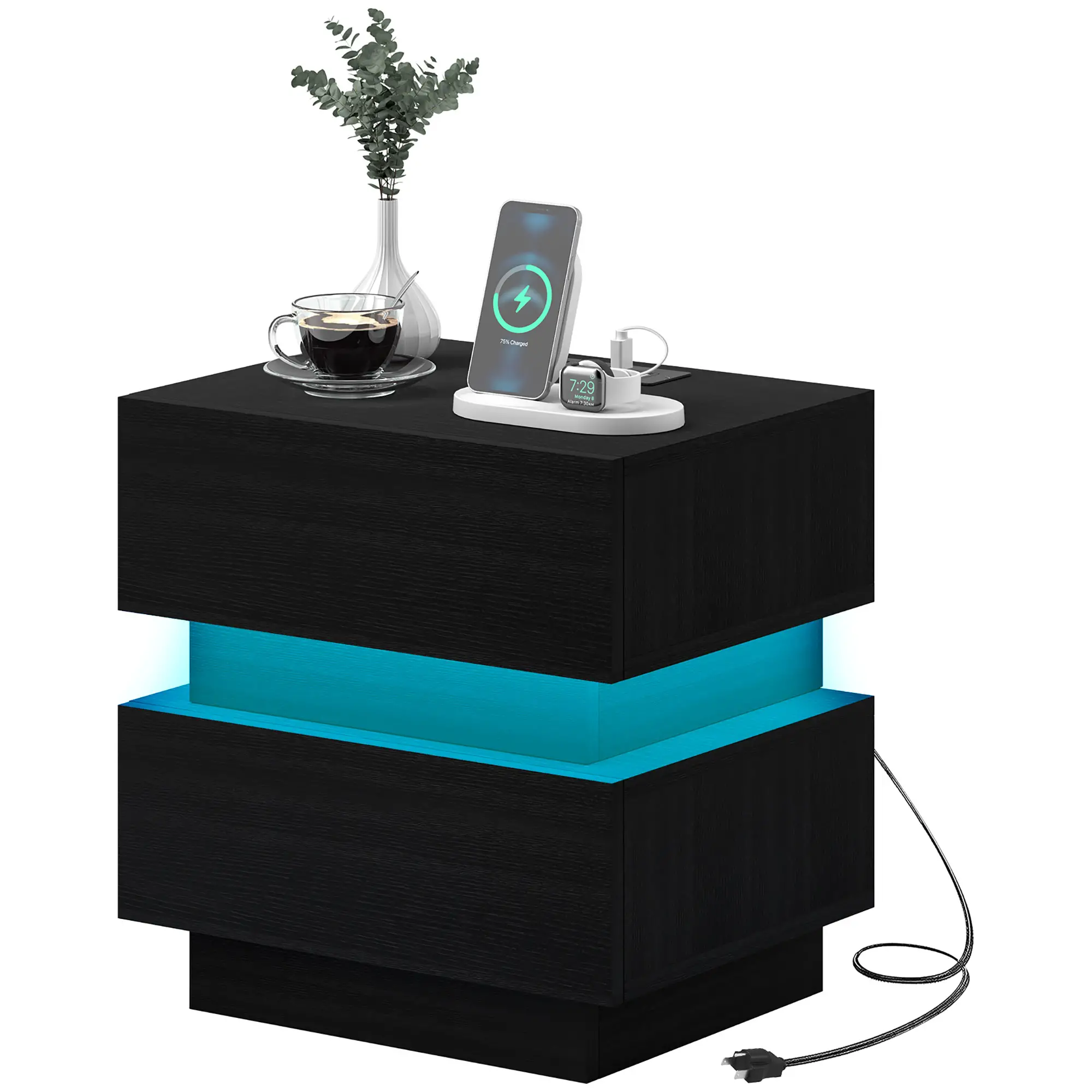 Modern Bedside Table with Charging Station, LED Light, USB Ports, Black