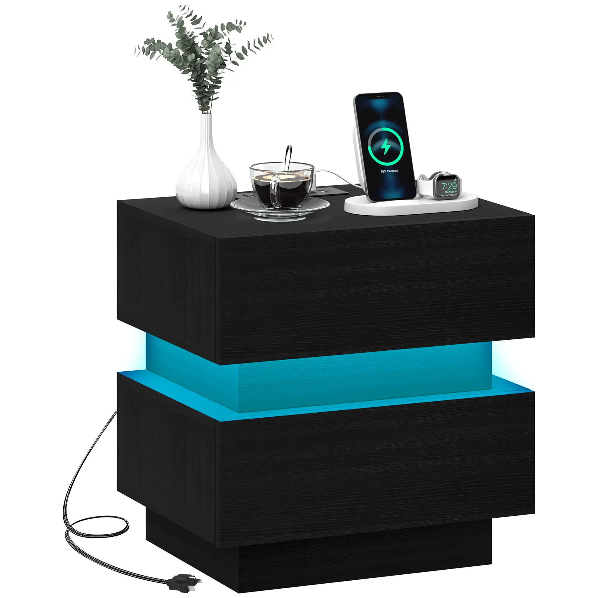 Modern Bedside Table with Charging Station, LED Light, USB Ports, Black - Image 12