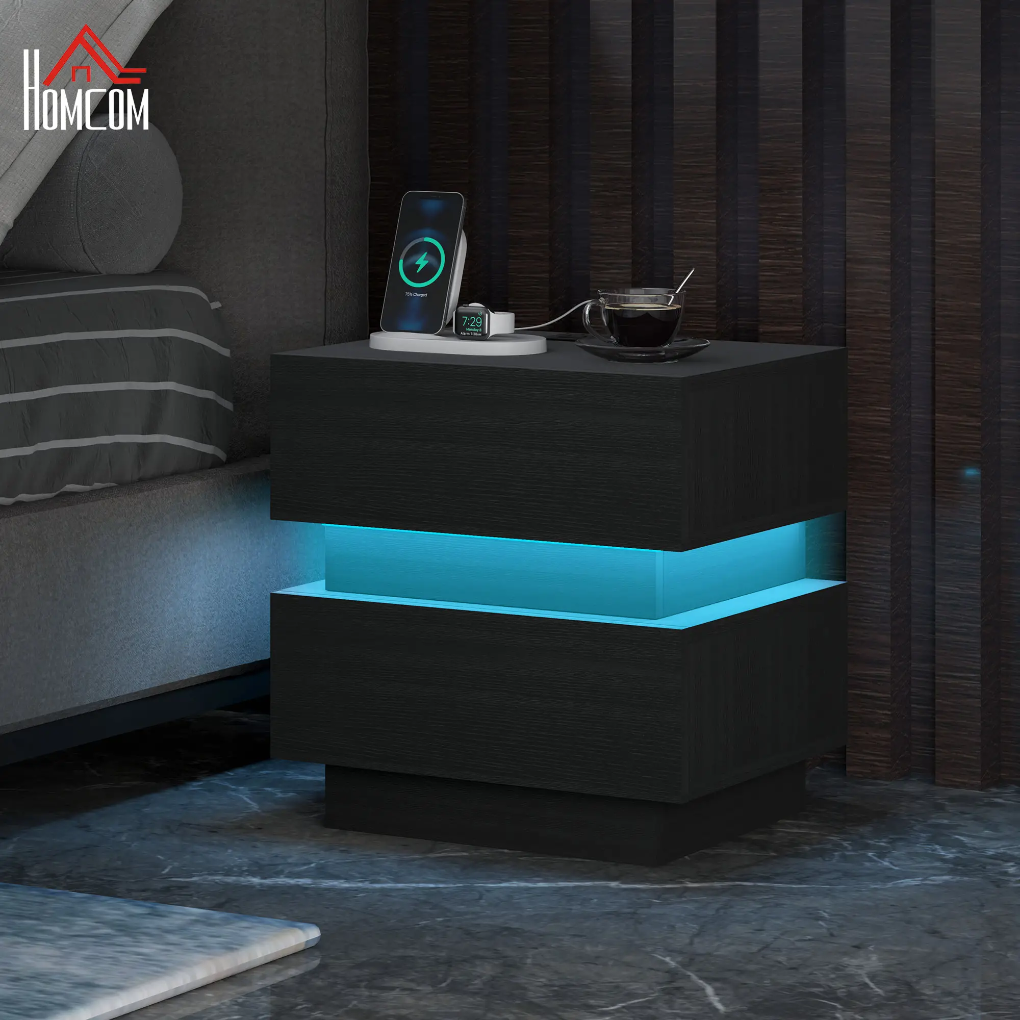 Modern Bedside Table with Charging Station, LED Light, USB Ports, Black - Image 2