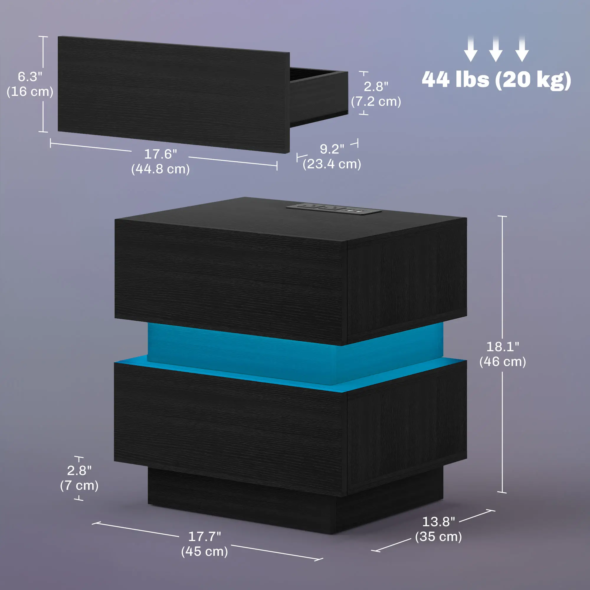 Modern Bedside Table with Charging Station, LED Light, USB Ports, Black - Image 3