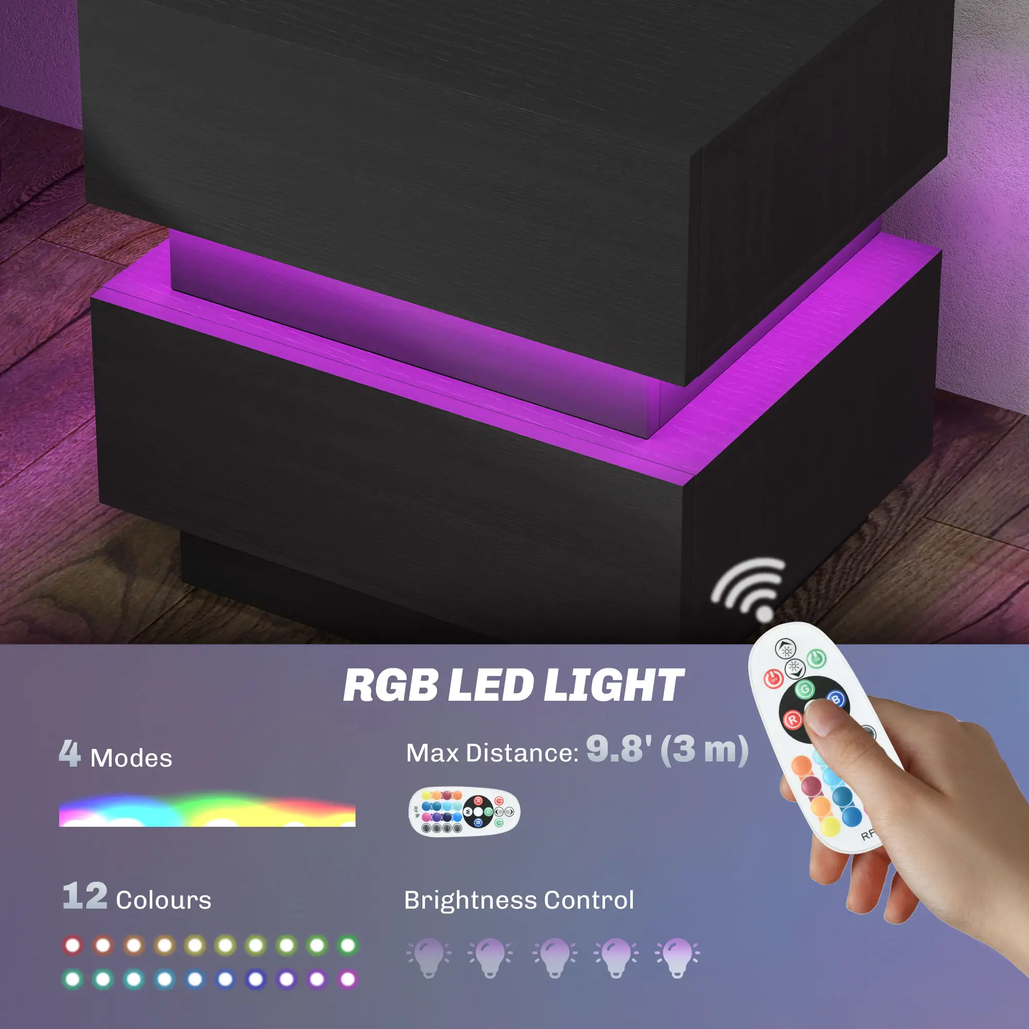 Modern Bedside Table with Charging Station, LED Light, USB Ports, Black - Image 4