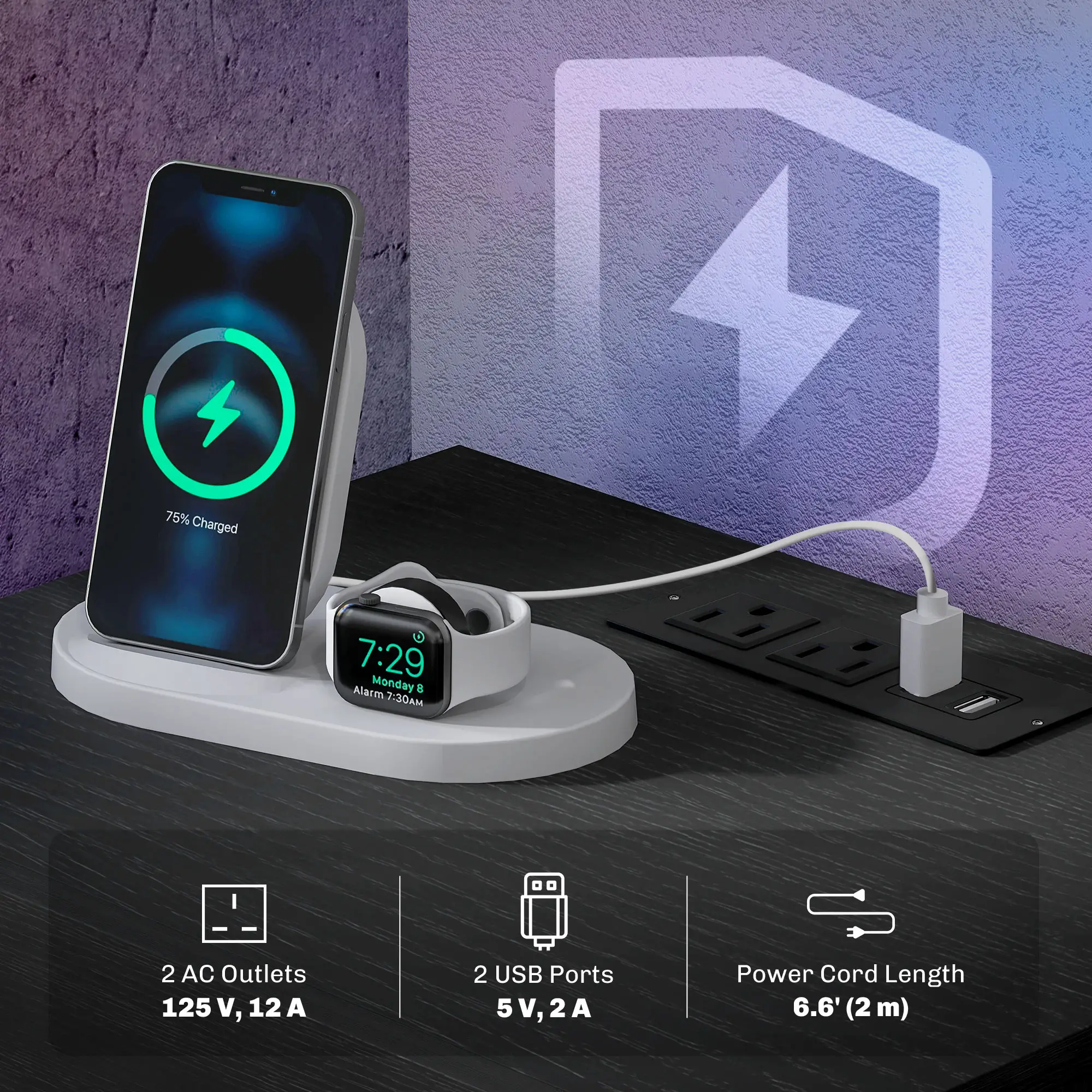 Modern Bedside Table with Charging Station, LED Light, USB Ports, Black - Image 5
