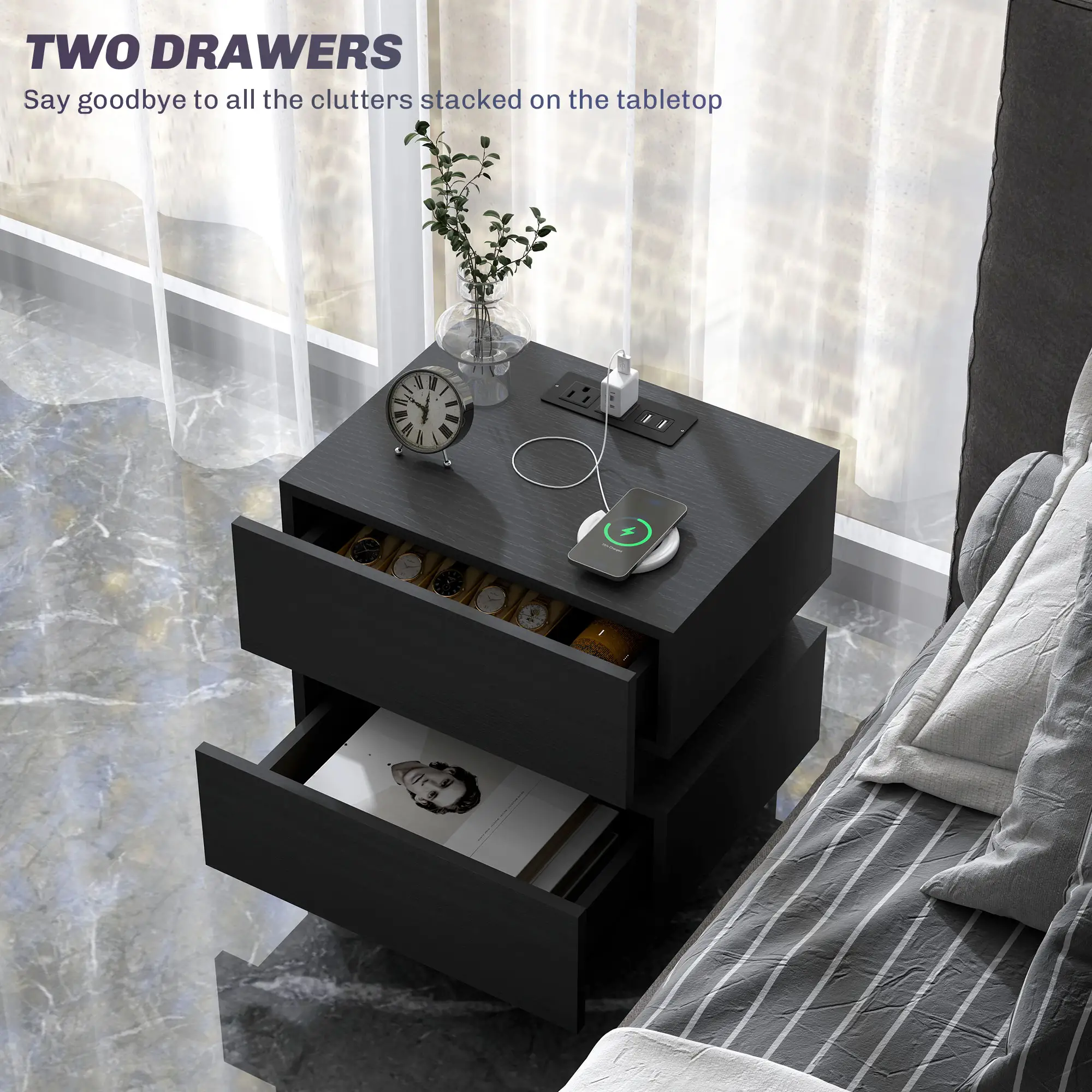 Modern Bedside Table with Charging Station, LED Light, USB Ports, Black - Image 6