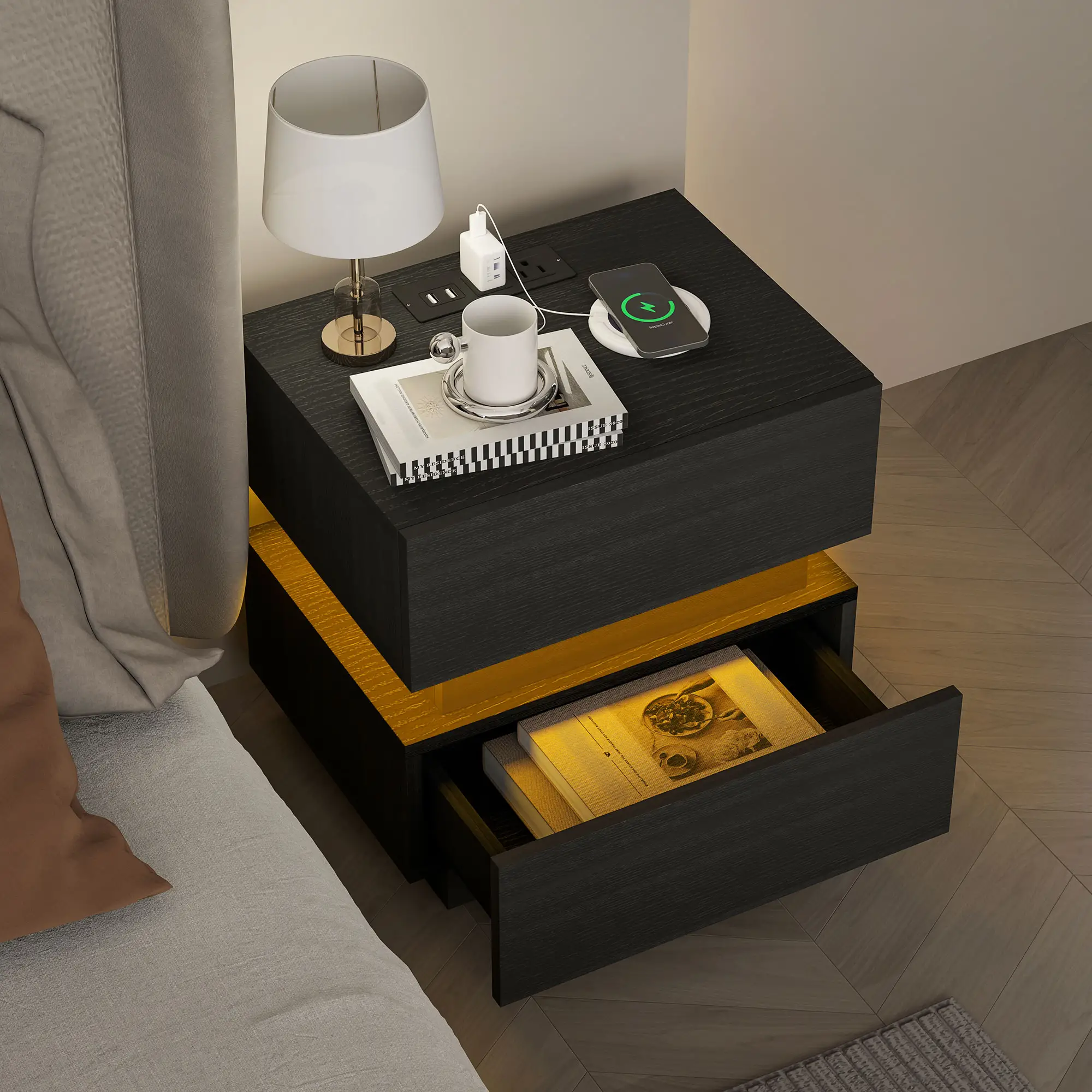 Modern Bedside Table with Charging Station, LED Light, USB Ports, Black - Image 7