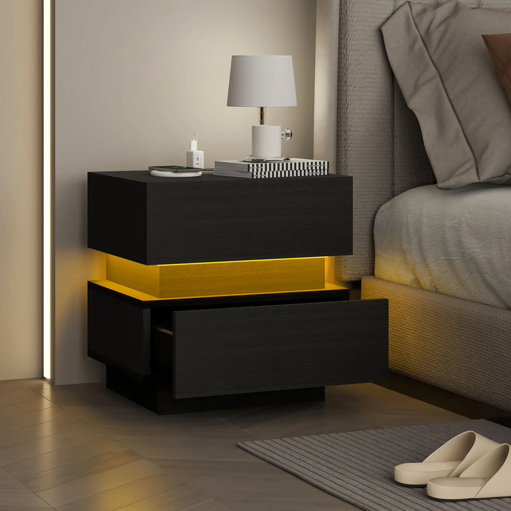 Modern Bedside Table with Charging Station, LED Light, USB Ports, Black - Image 8