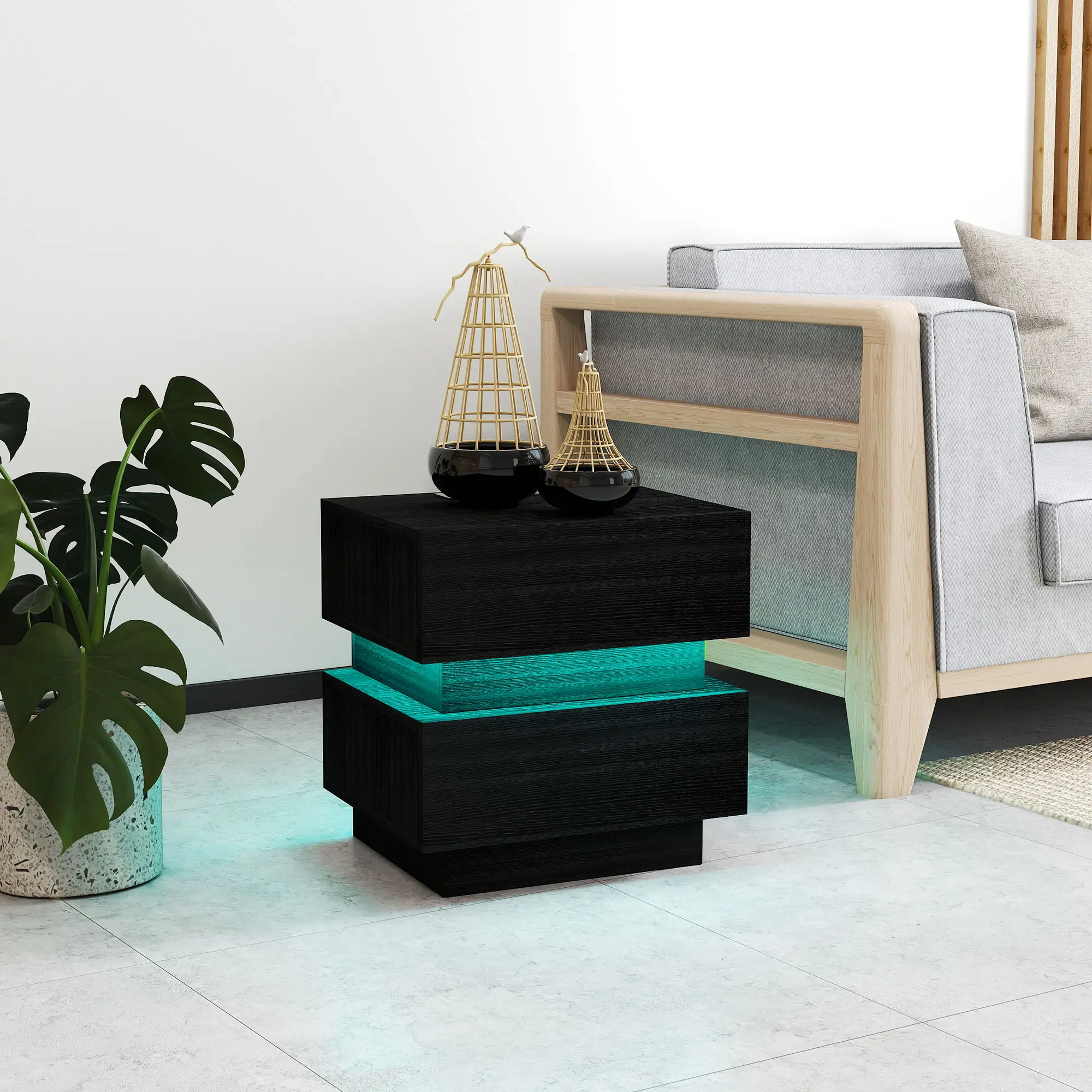 Modern Bedside Table with Charging Station, LED Light, USB Ports, Black - Image 9